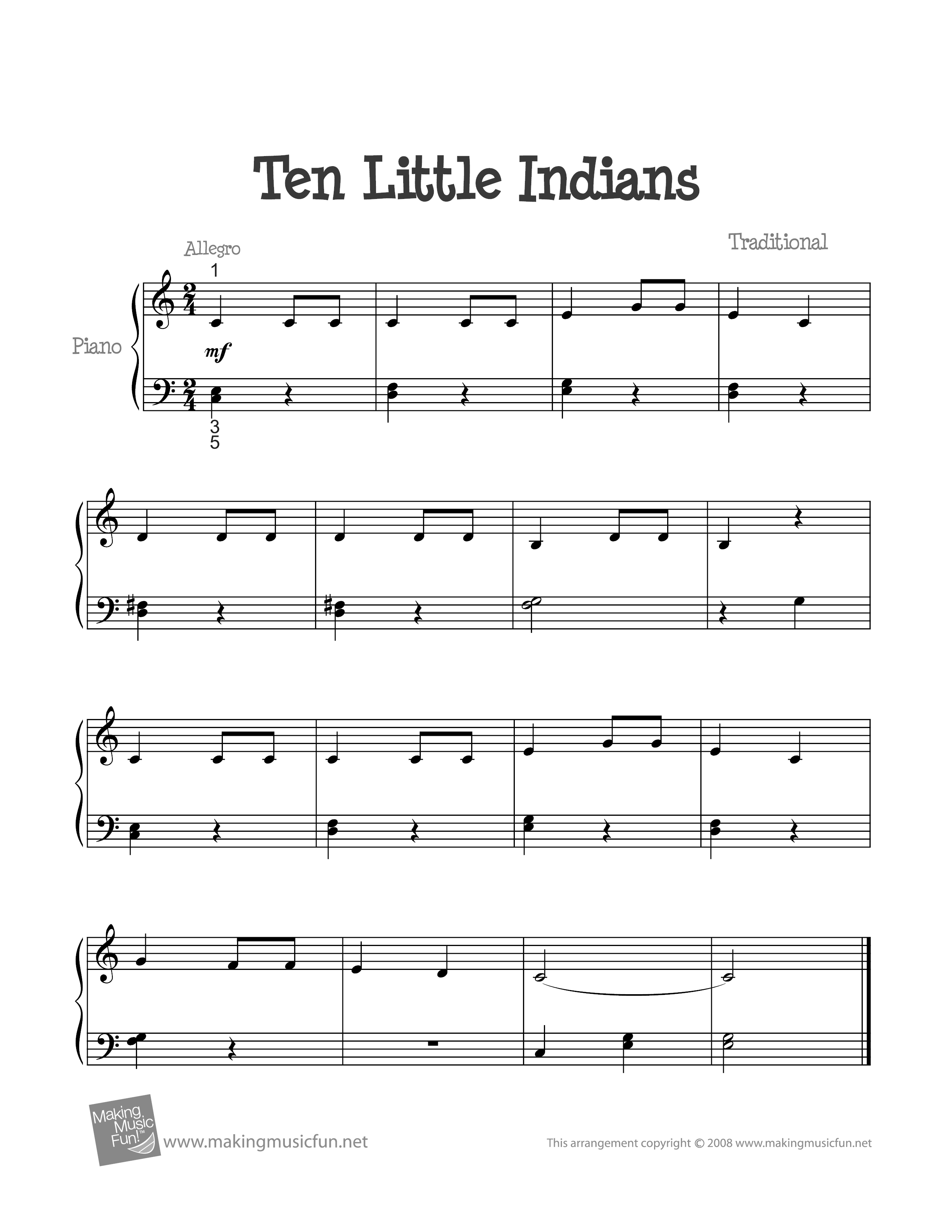 Ten Little Indiansピアノ譜