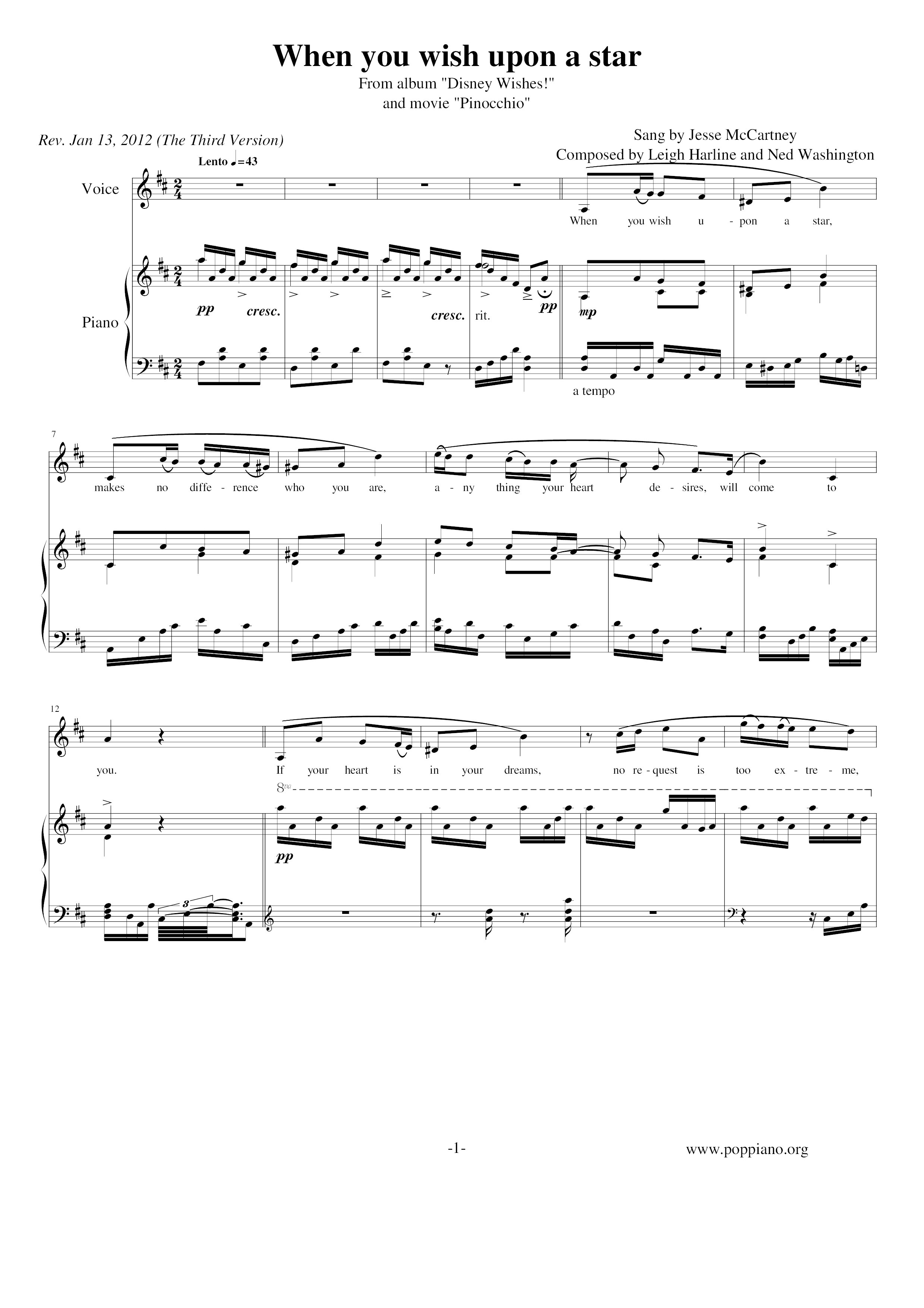 Pinocchio - When You Wish Upon a Star琴谱
