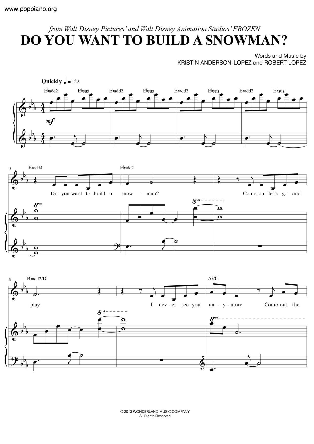 ☆ Do You Want To Build A Snowman?, Sheet Music, Piano Score Free PDF  Download