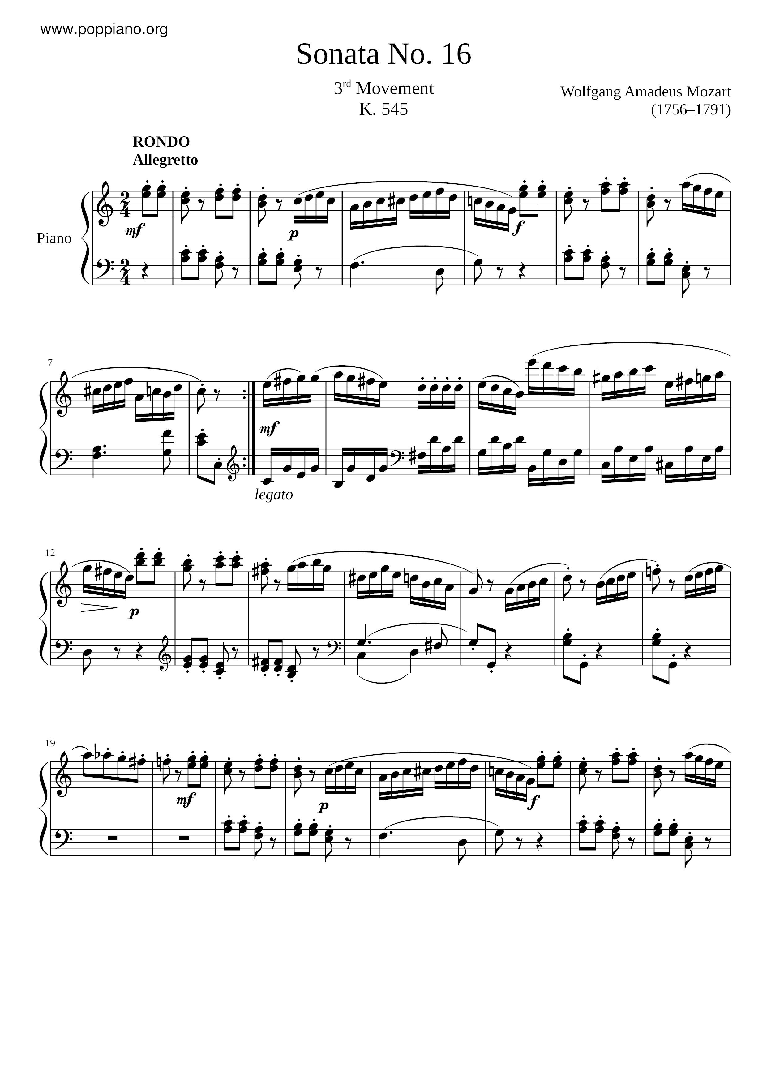 Piano Sonata No. 16 K. 545 3rd Movt Score