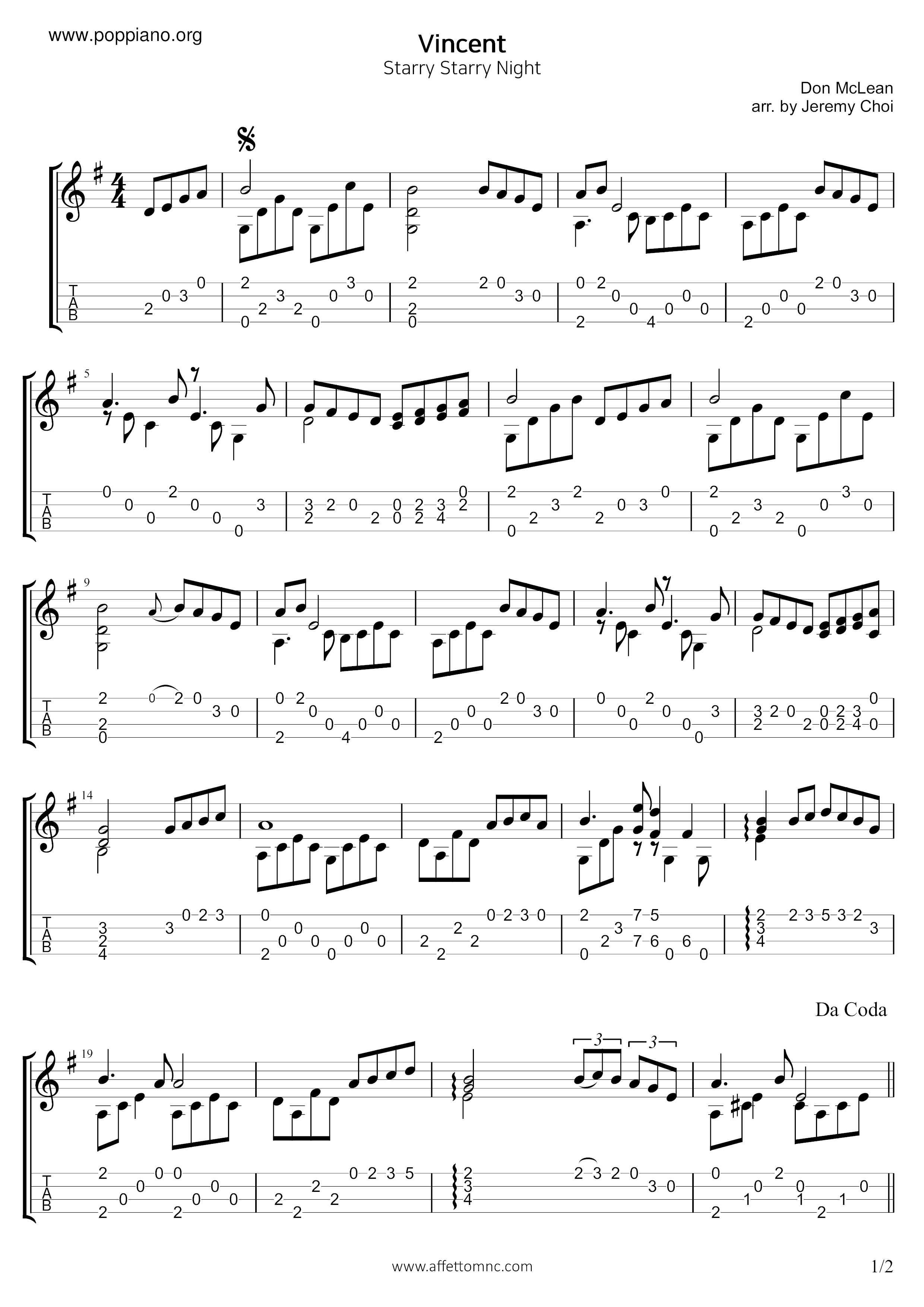 Vincent (Starry, Starry Night)琴谱
