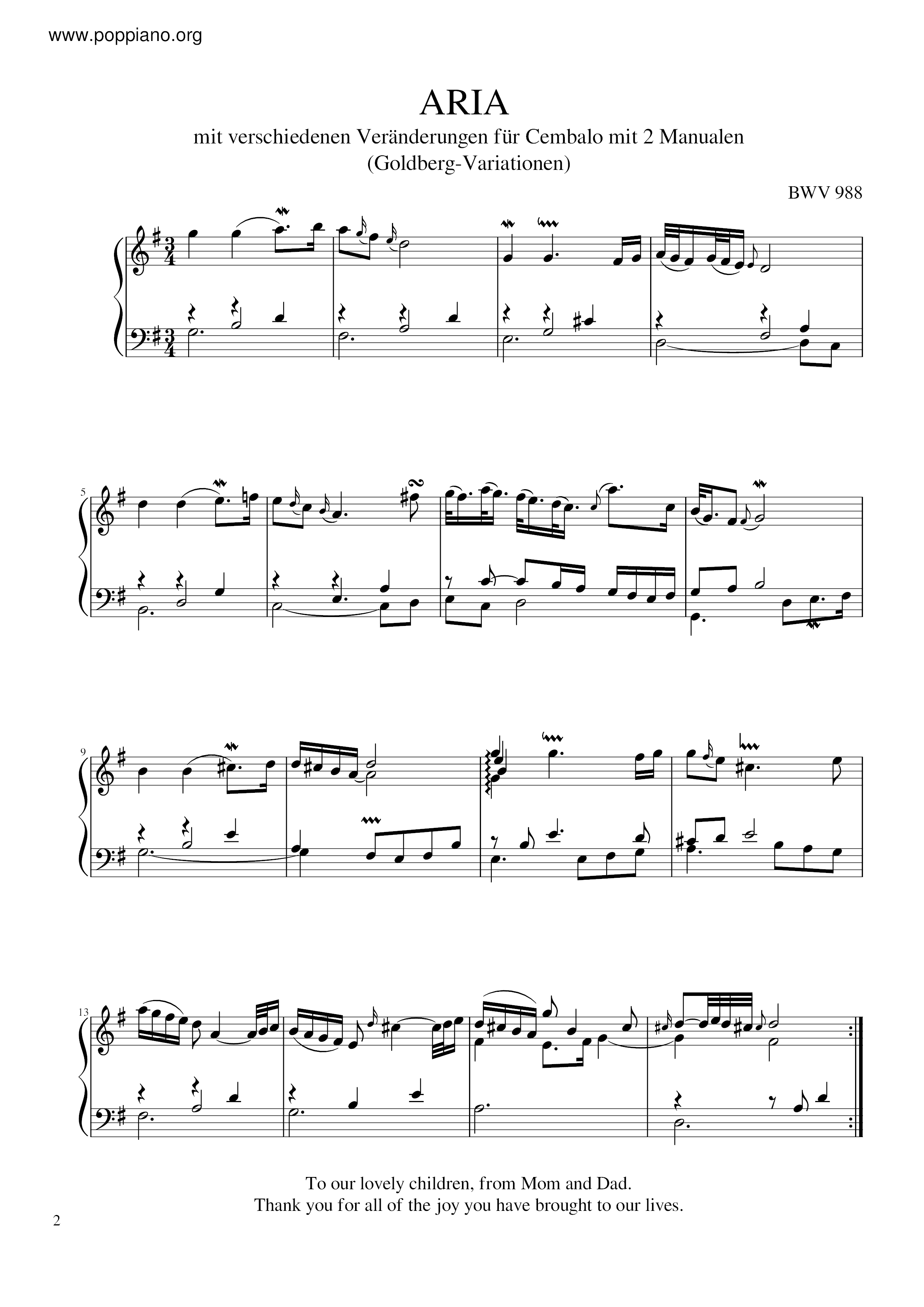 Goldberg Variations, BWV 988: Aria Score