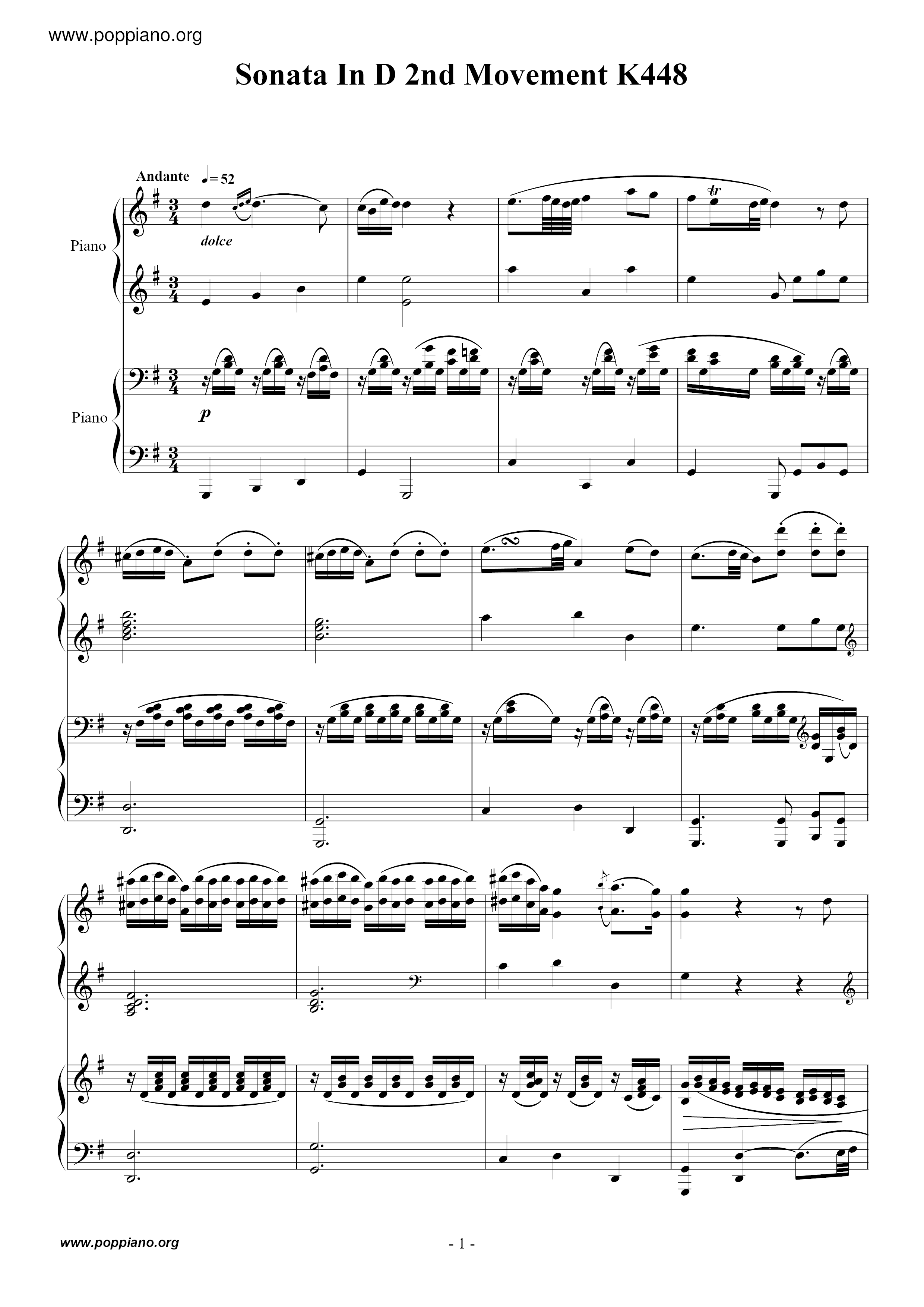 Sonata In D 2nd Movement K448 Score