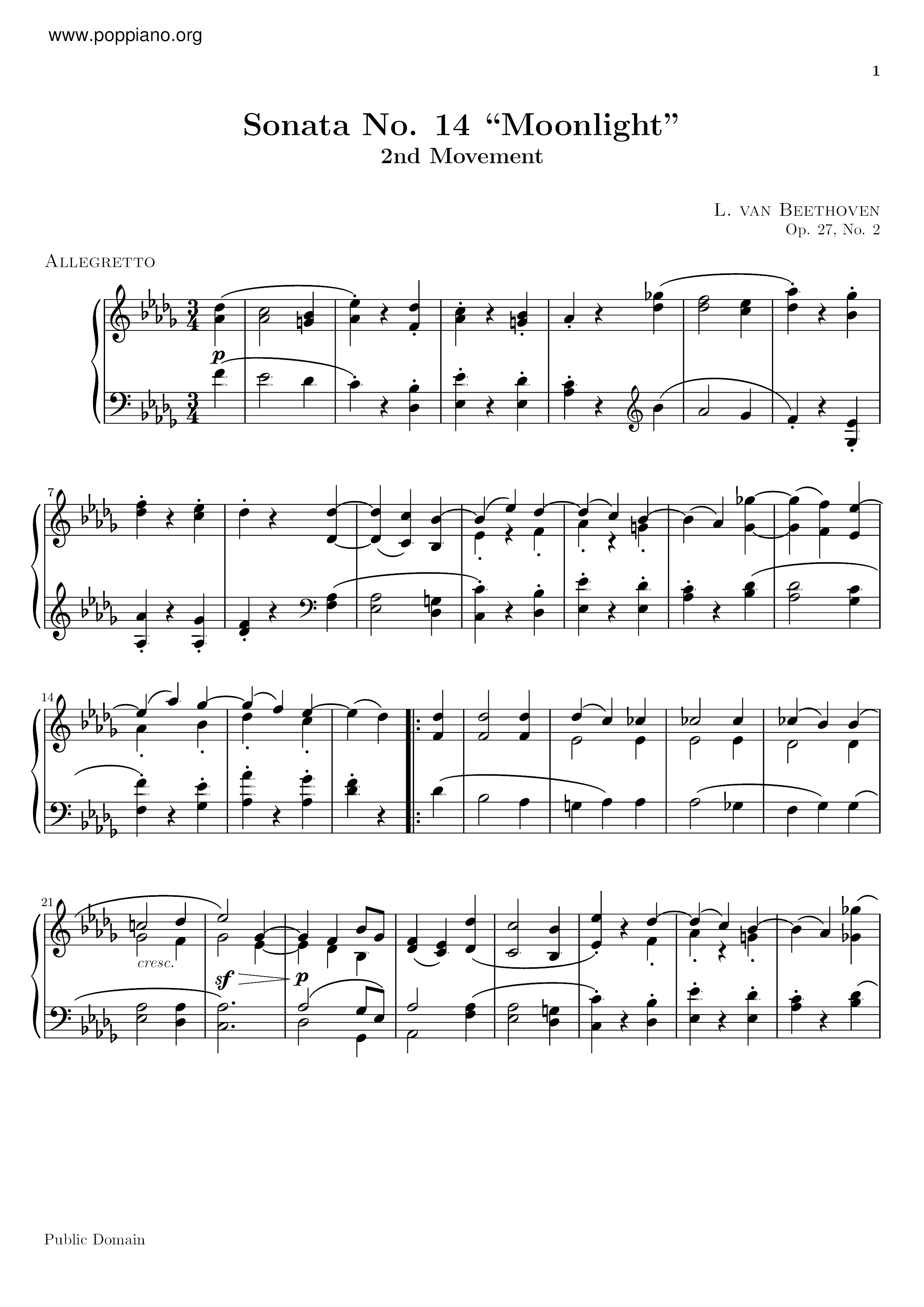 Moonlight Sonata Op. 27 No. 2 Mov 2 (月光奏鸣曲)琴谱