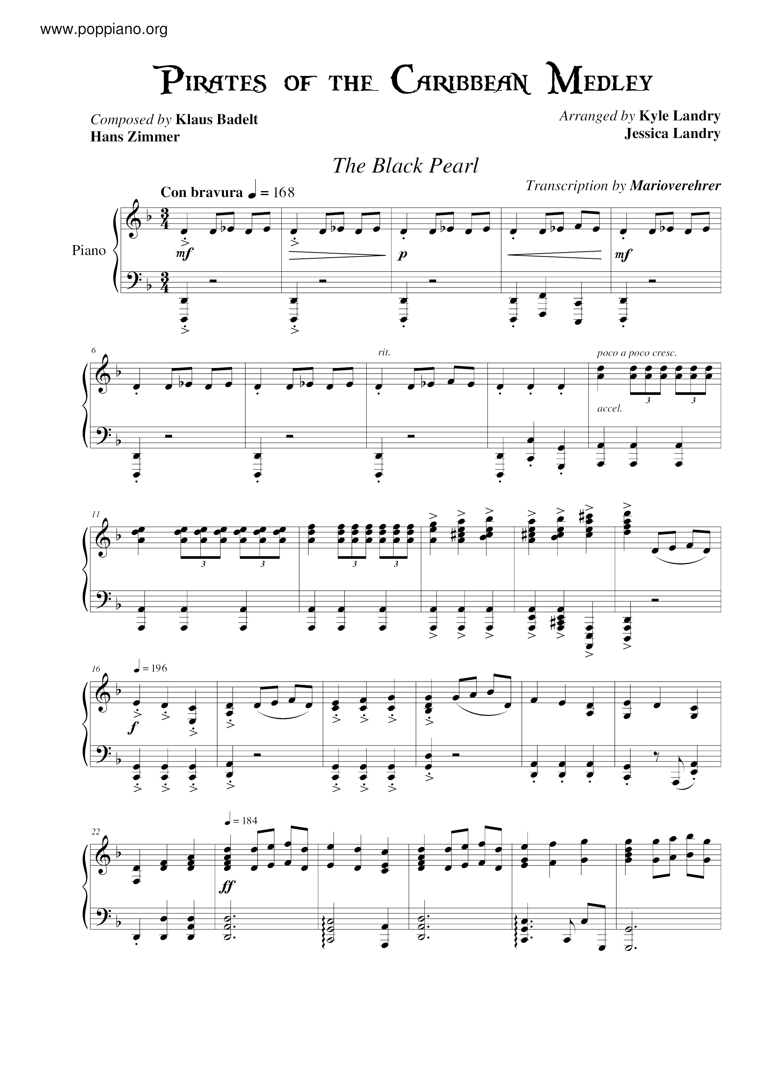 Pirates Of The Caribbean Medley Score