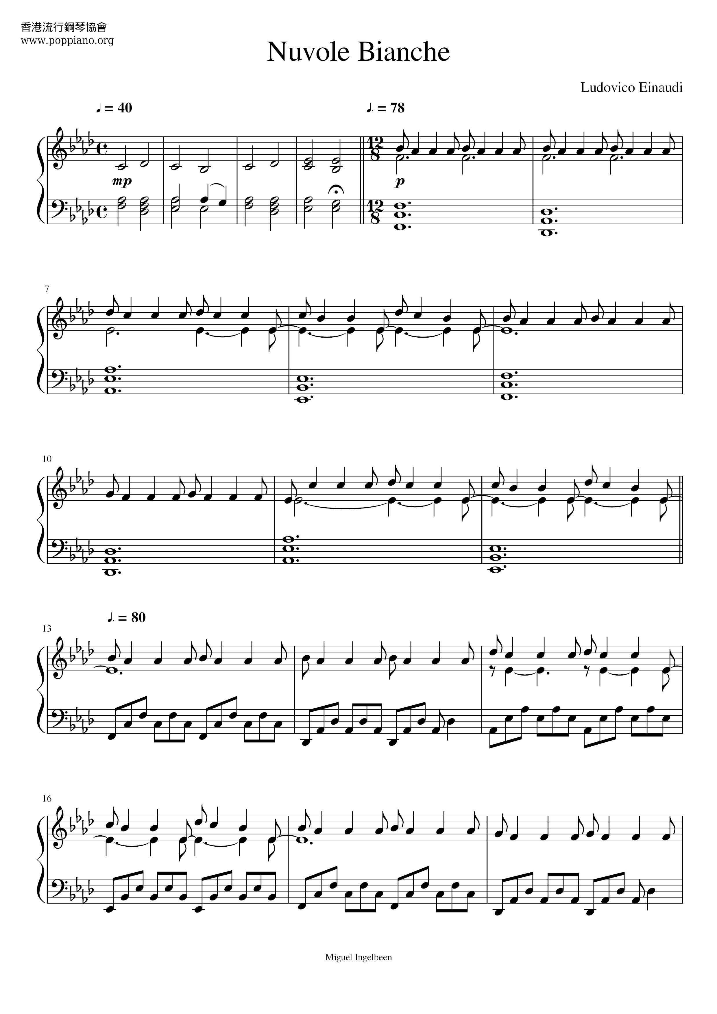 Nuvole Bianche琴譜