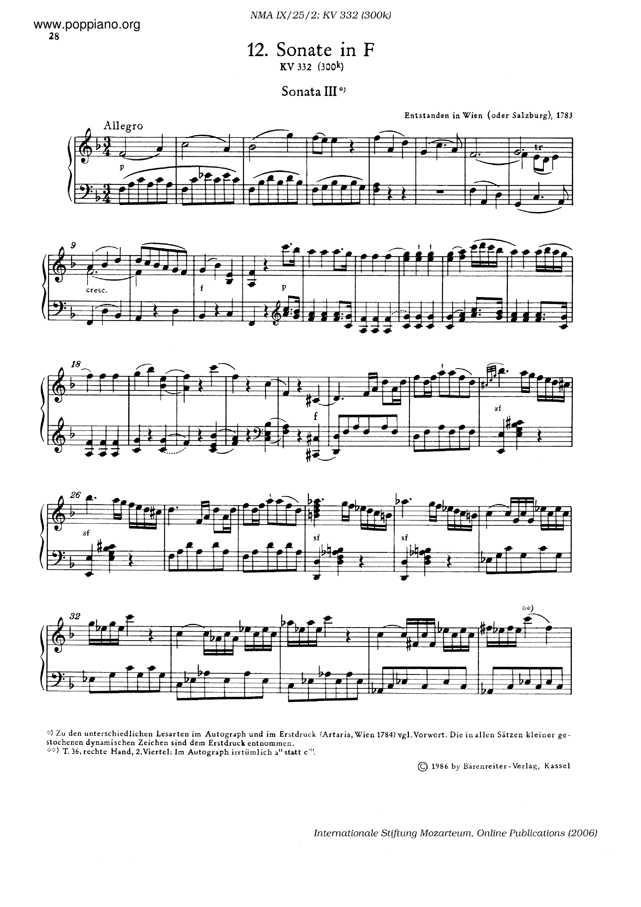 Piano Sonata In F Major, K. 332琴谱