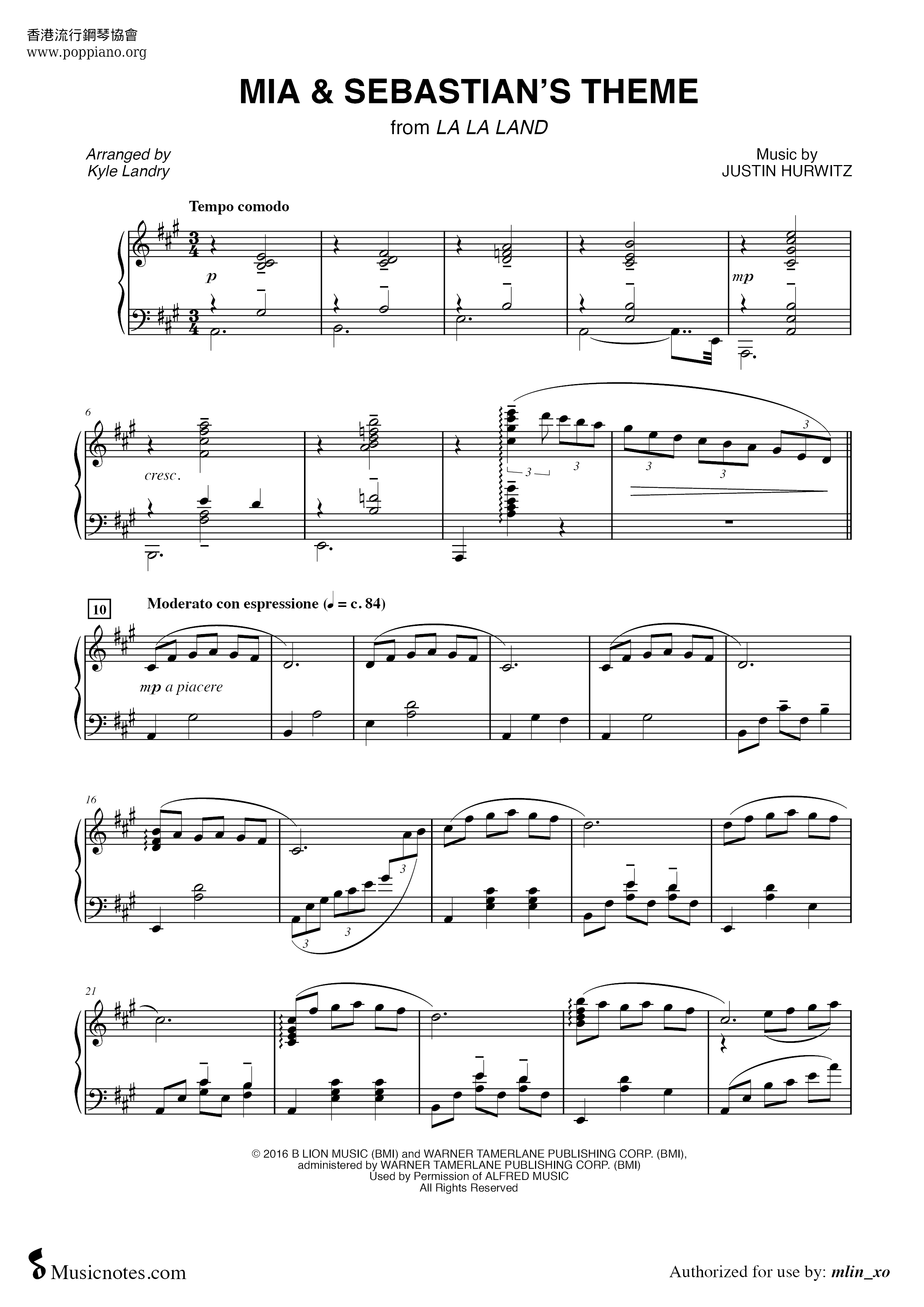 La La Land - Mia & Sebastian's Theme琴譜