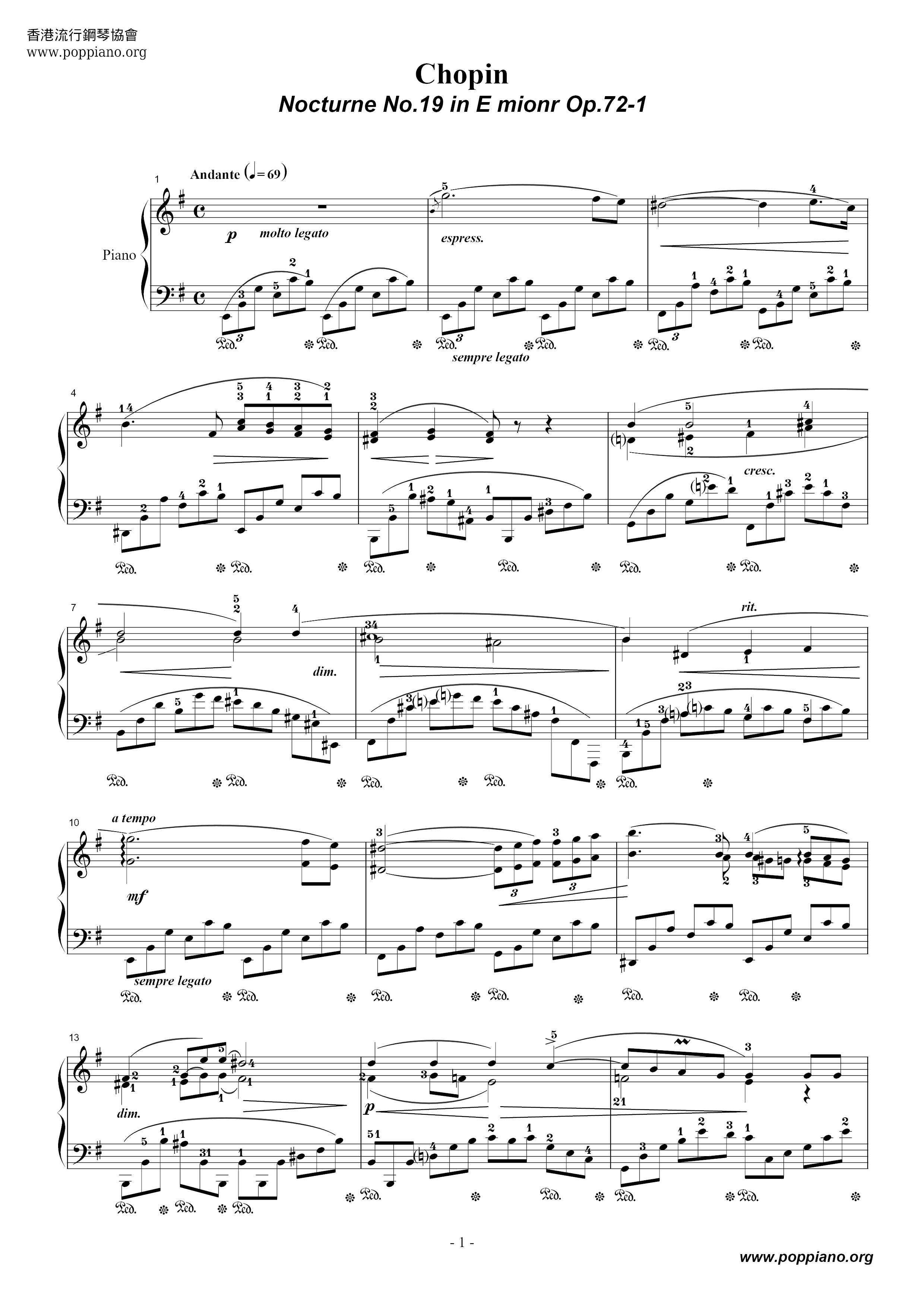 Nocturne No. 19 in E Minor, Op. 72, No. 1 Score