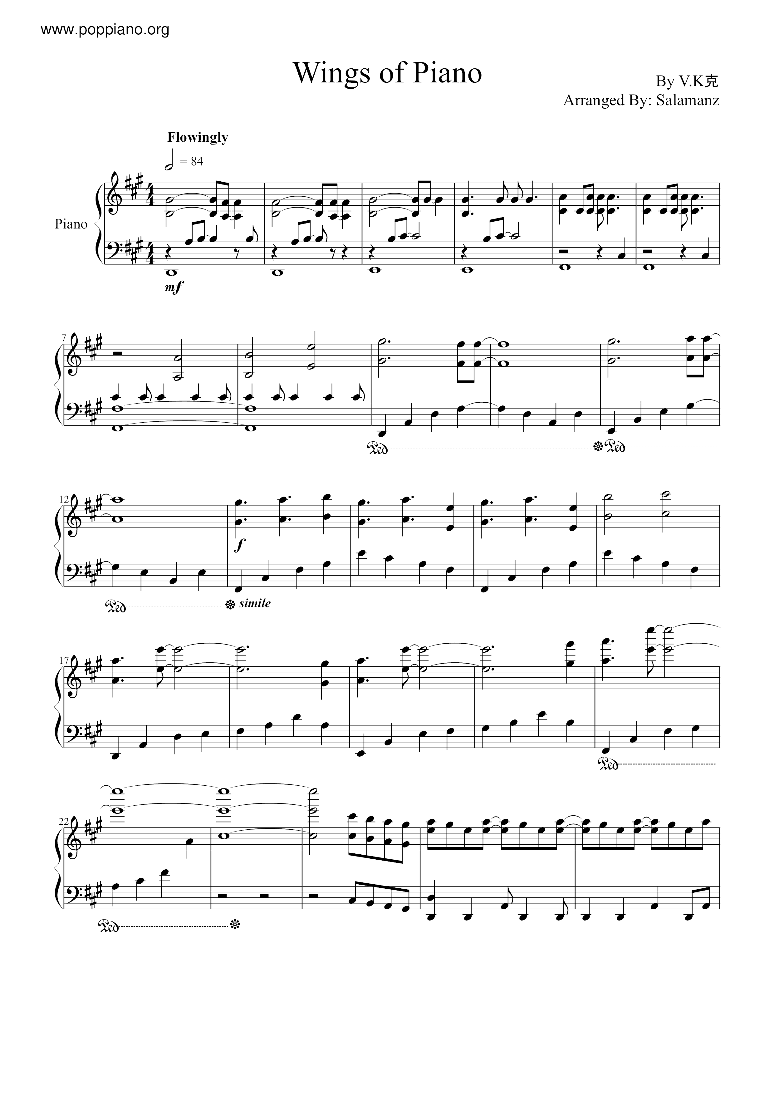 Wings Of Piano Score