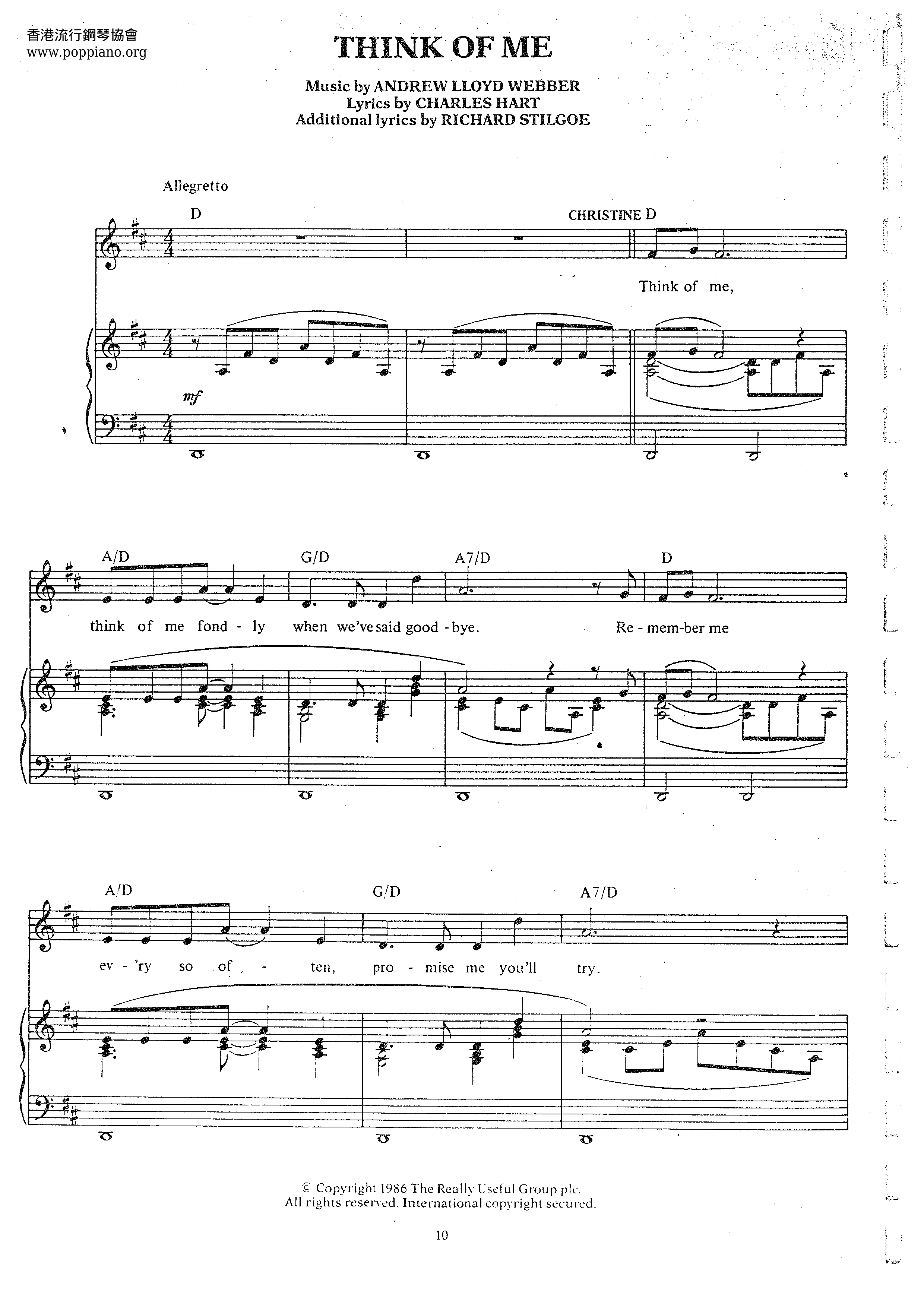 The Phantom Of The Opera - Think Of Me Score