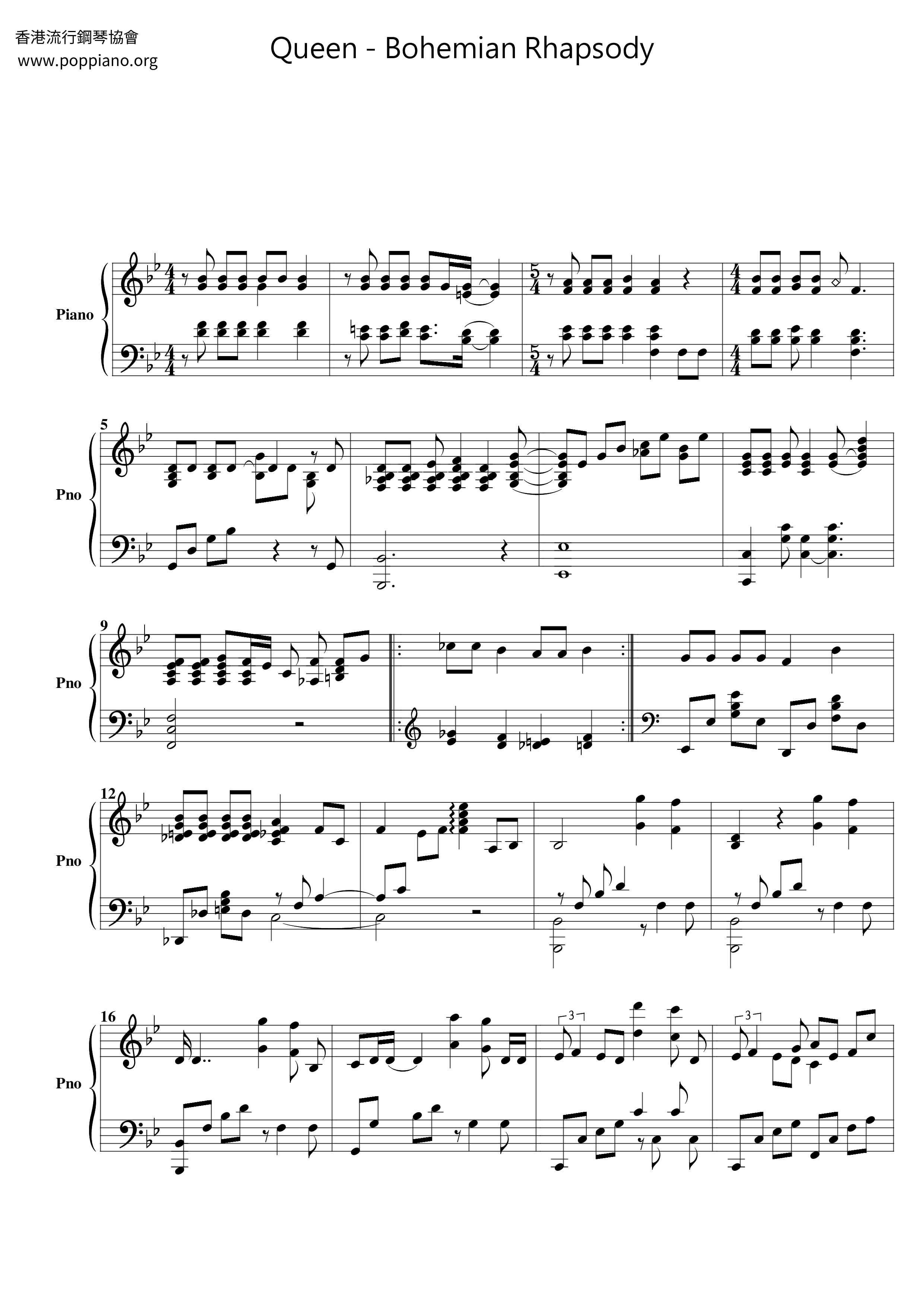 ☆ Queen-Bohemian Rhapsody Sheet Music pdf, -波西米亞狂想曲