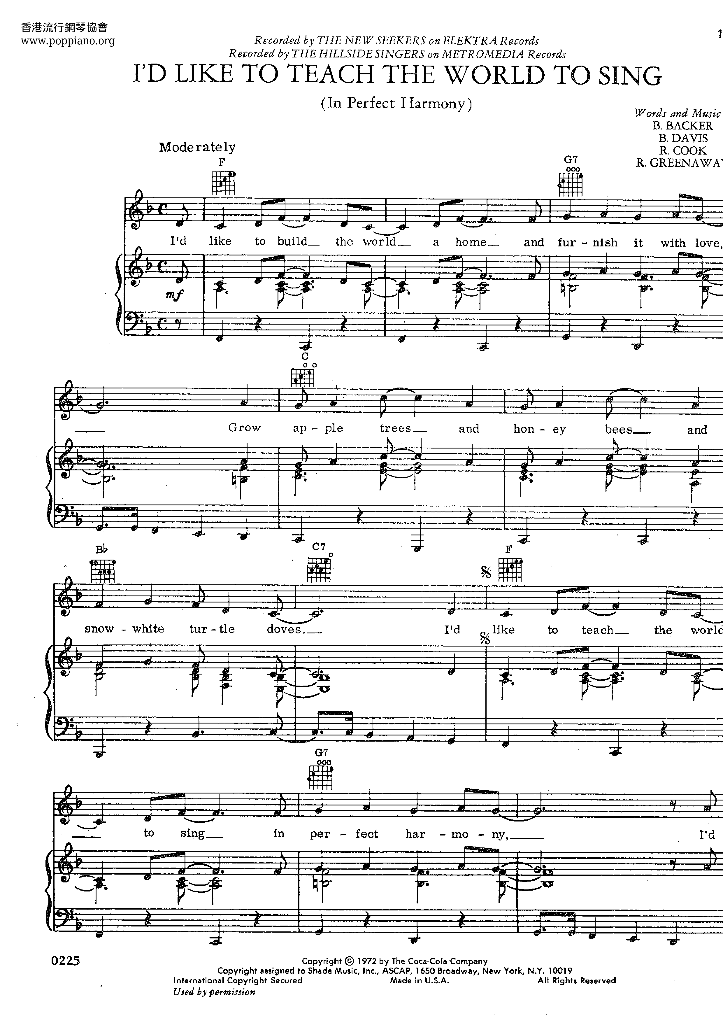 I'd Like To Teach The World To Sing Score