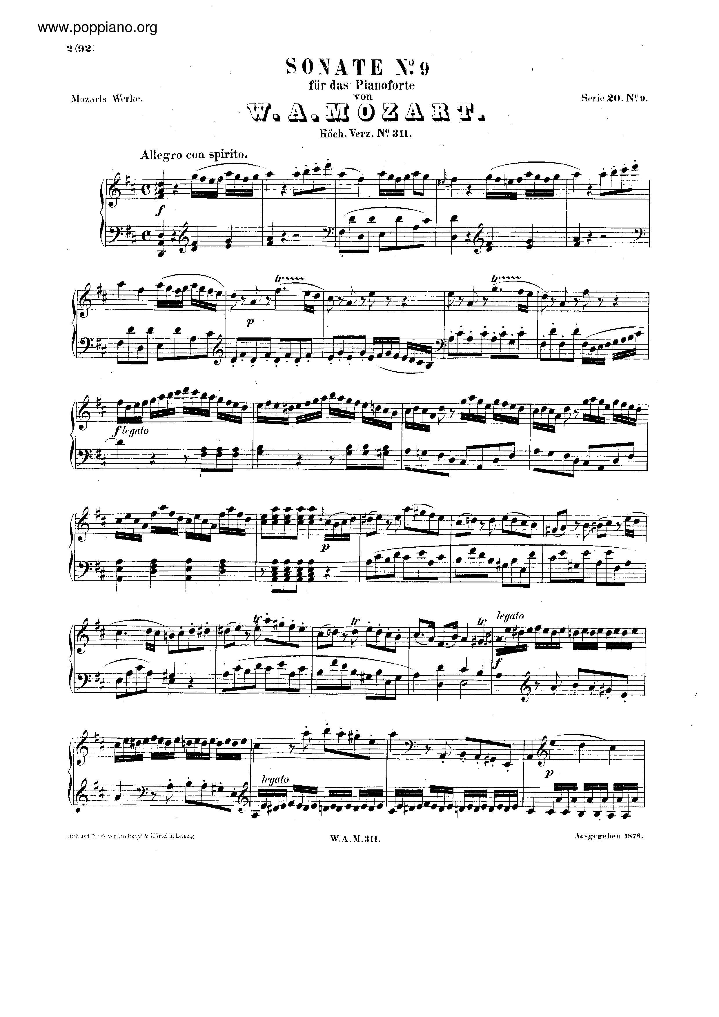 Piano Sonata No.9 in D major, K. 311琴谱