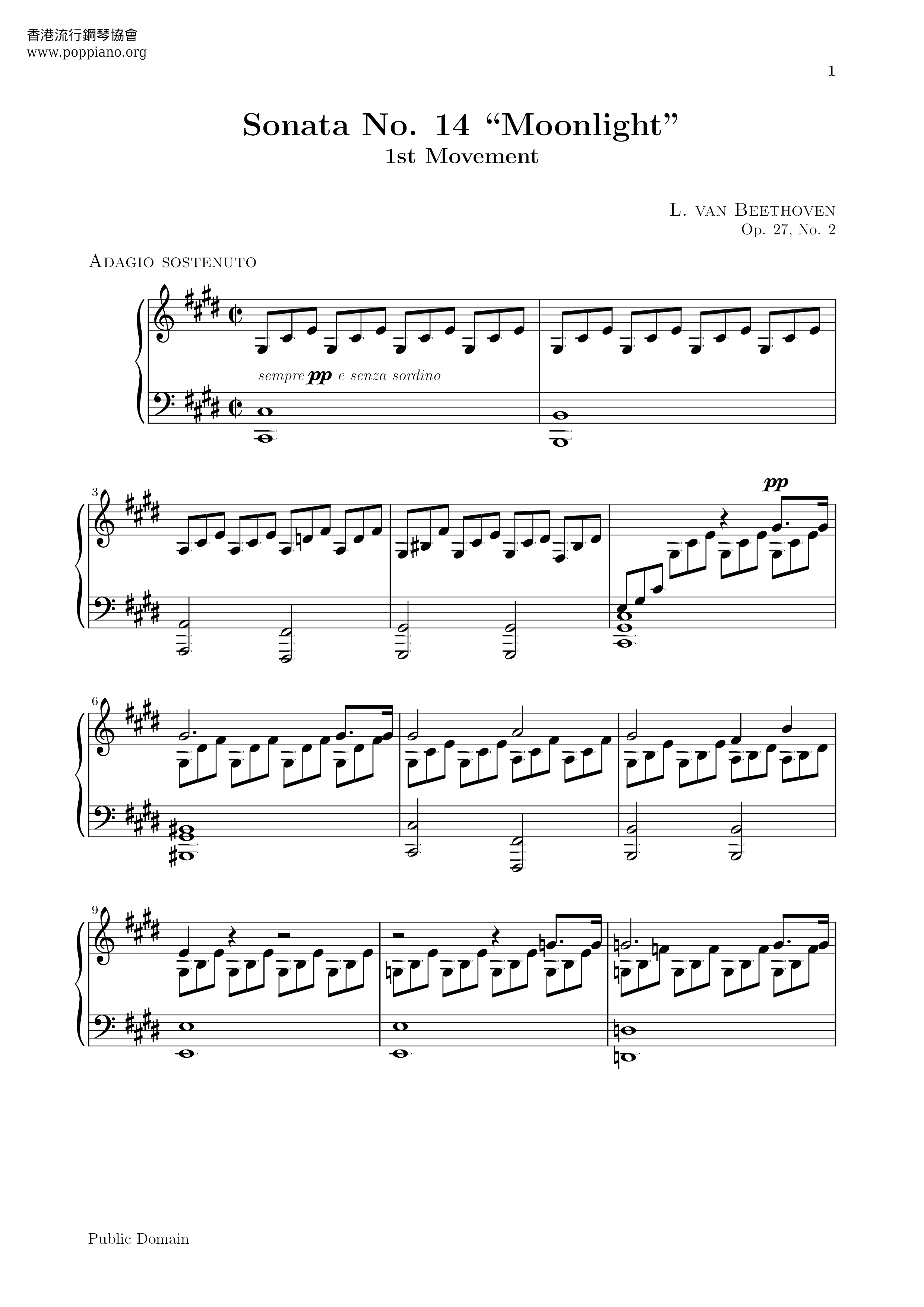 Sonata No. 14 Moonlight in C-Sharp Minor, Op. 27 No. 2: I. Adagio sostenutoピアノ譜