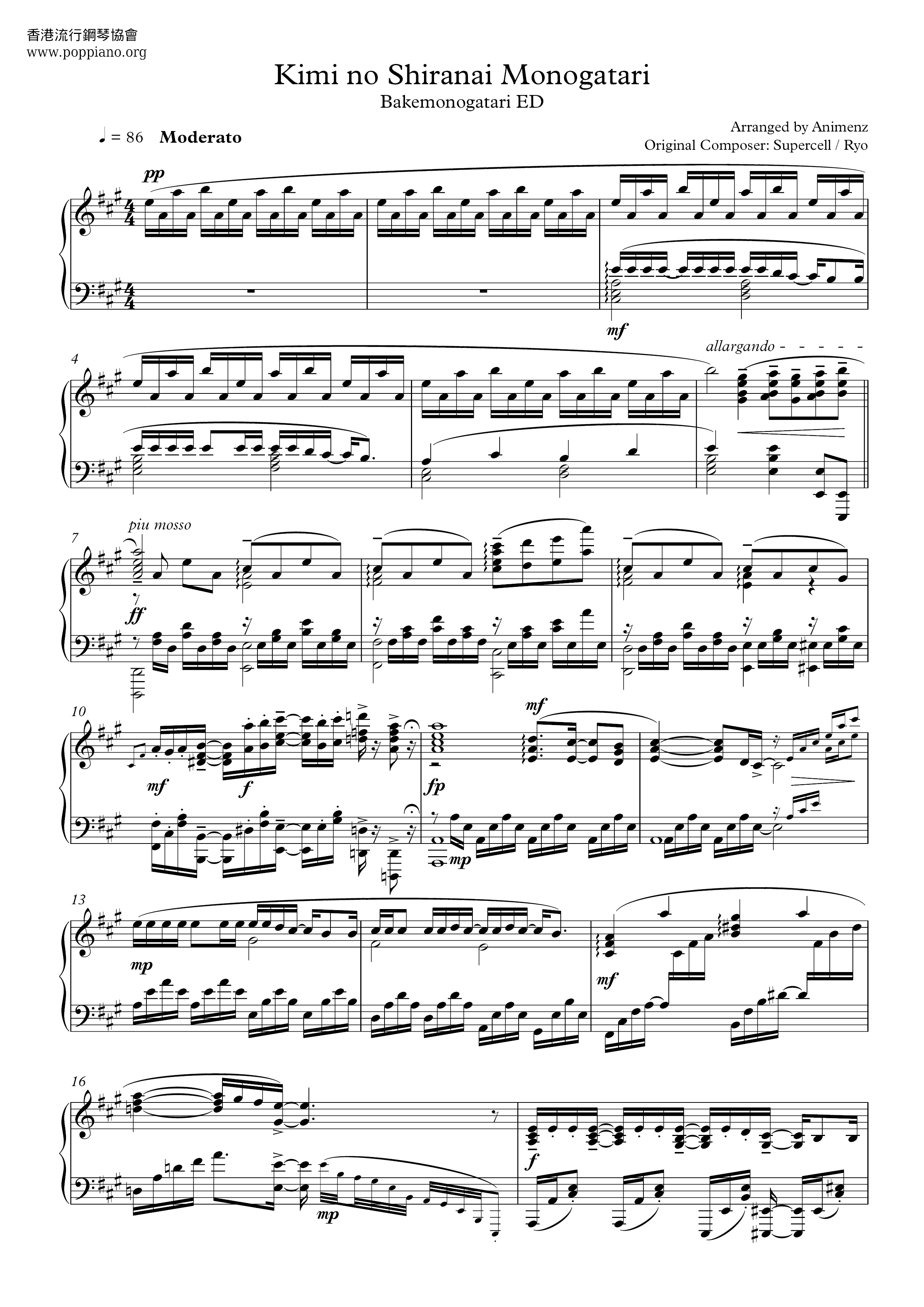 Kimi No Shiranai Monogatari琴譜