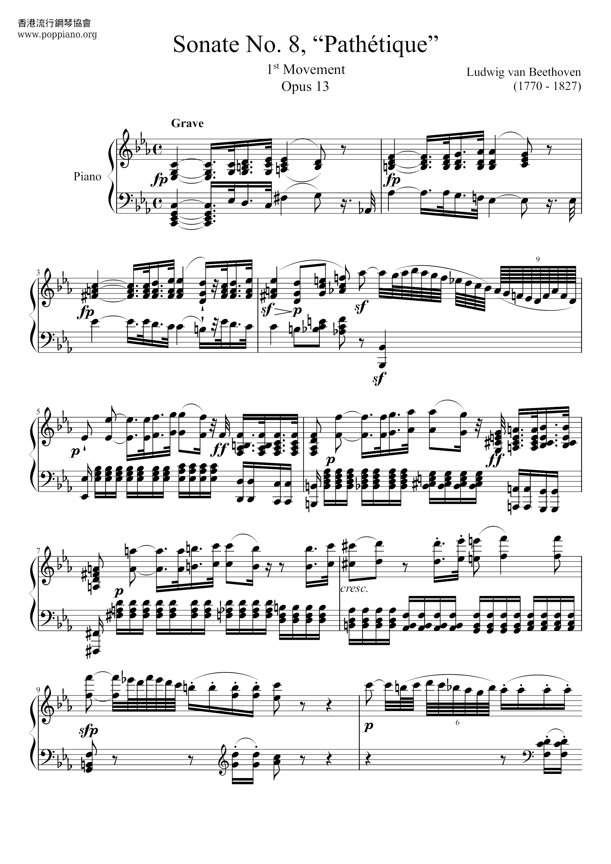 Sonata No. 8, Op. 13 悲愴奏鳴曲 Movt 1琴譜