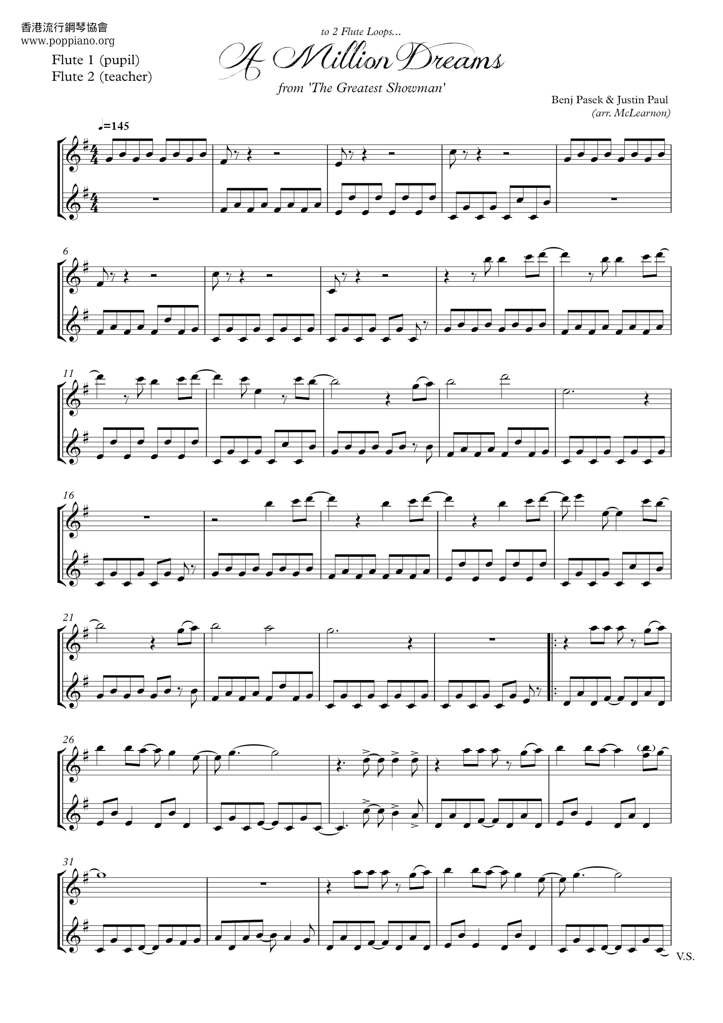 A Million Dreams Double Flute Score