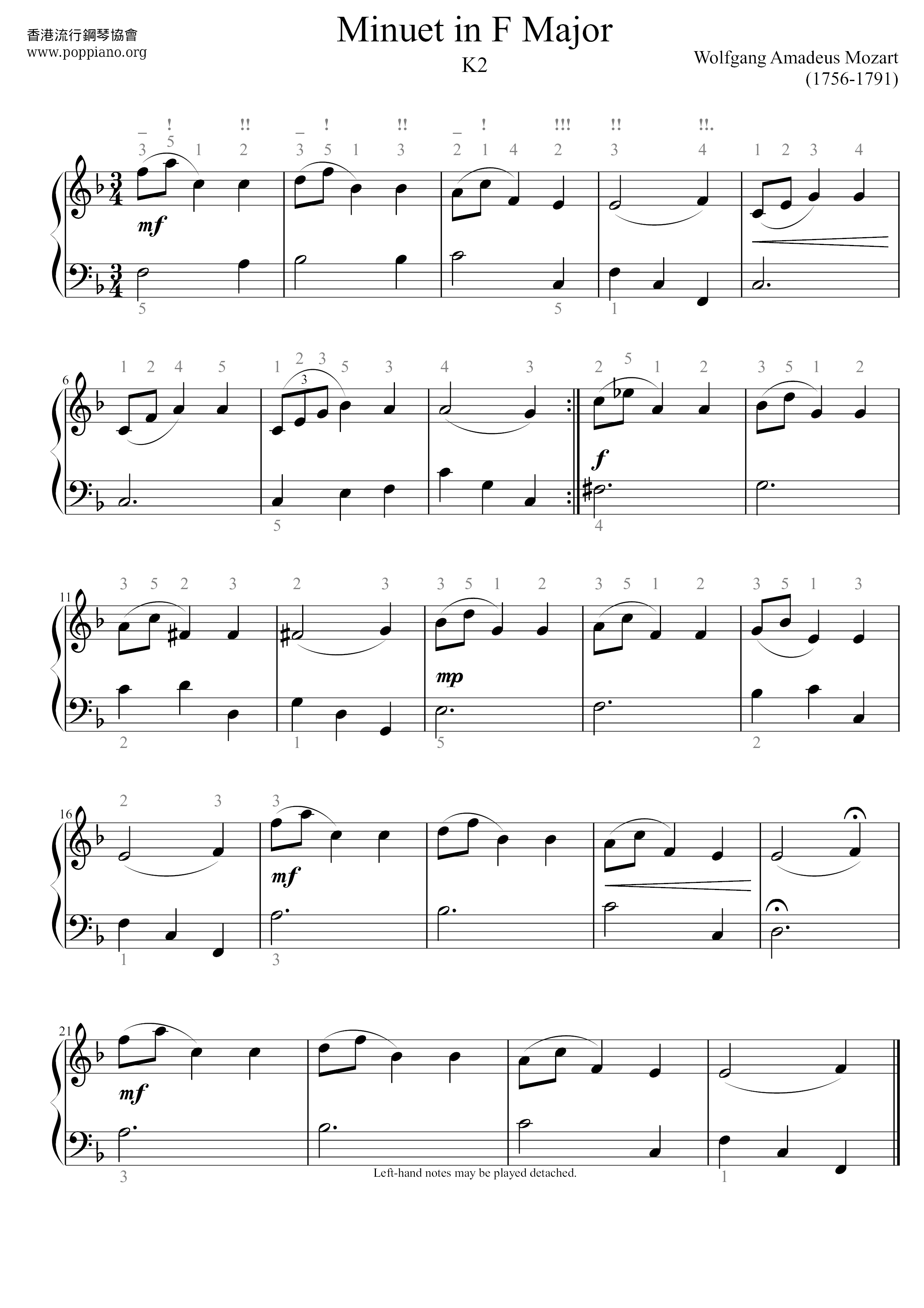 Minuet In F Major, K2 Score
