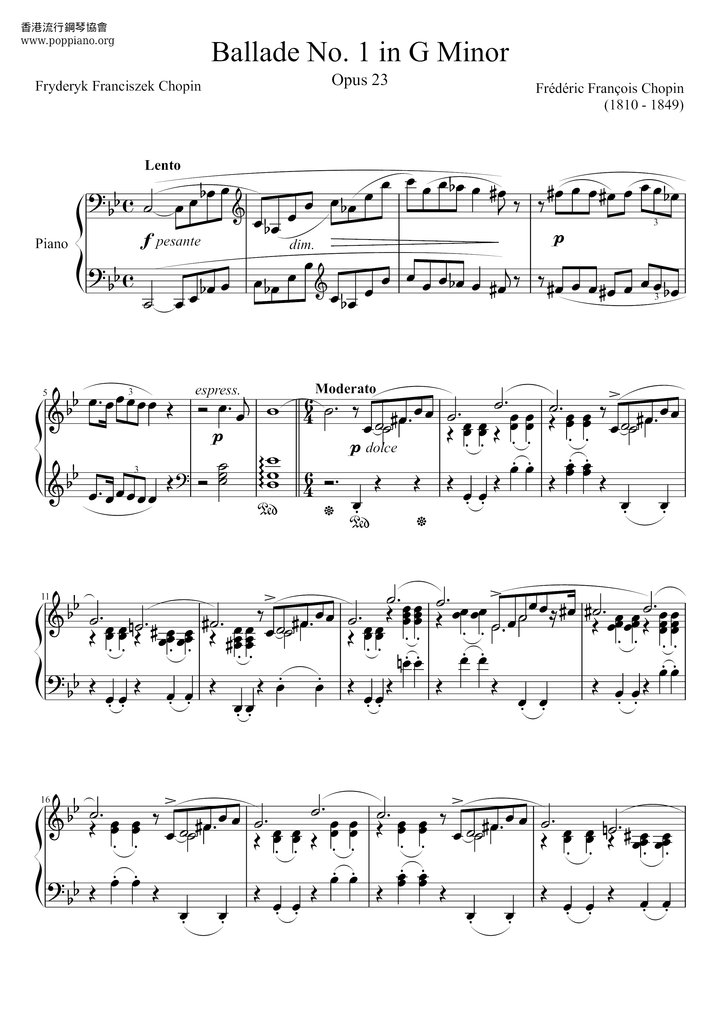 Ballade In G Minor No. 1 Op. 23琴譜
