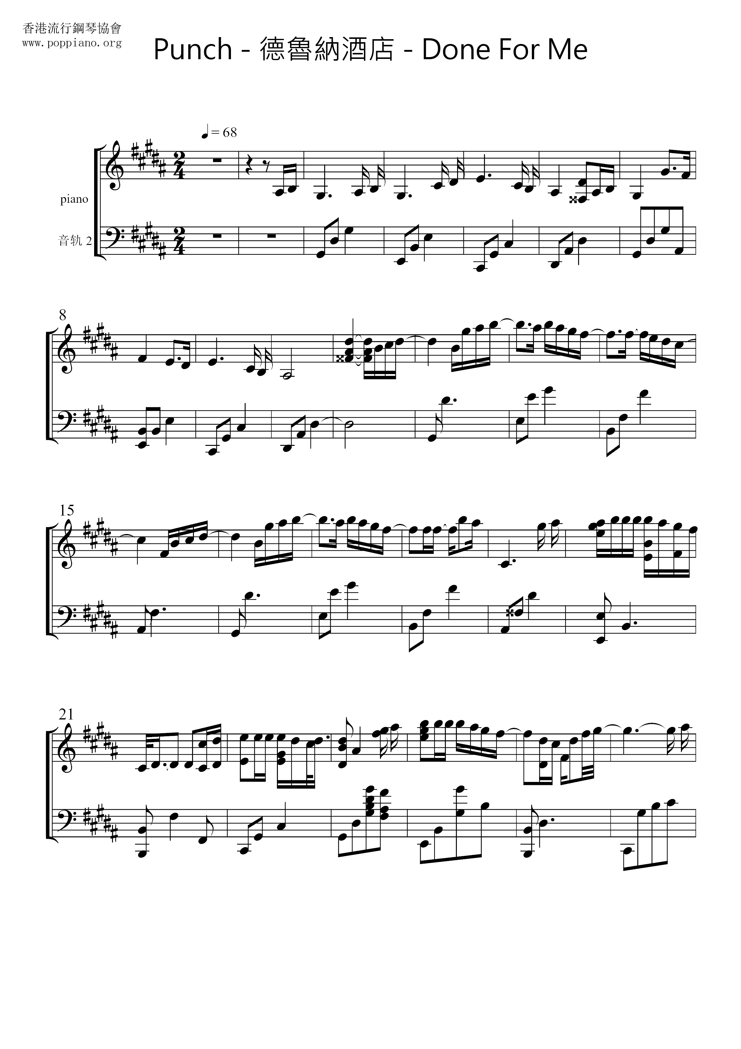 德魯納酒店 - Done For Meピアノ譜
