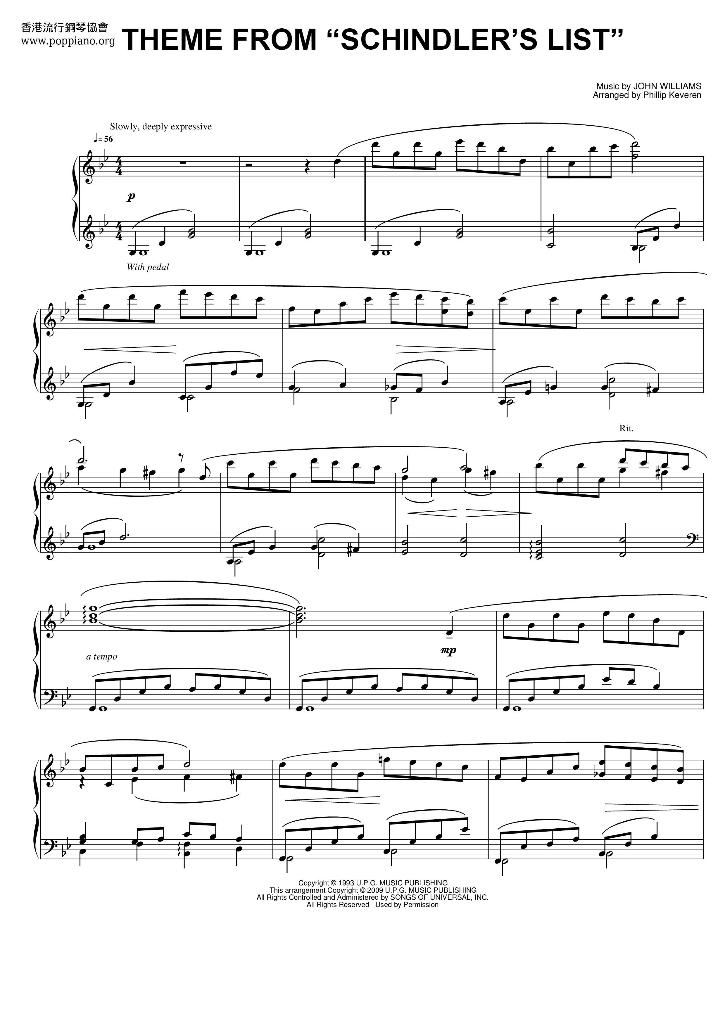 Theme From Schindler's List Score