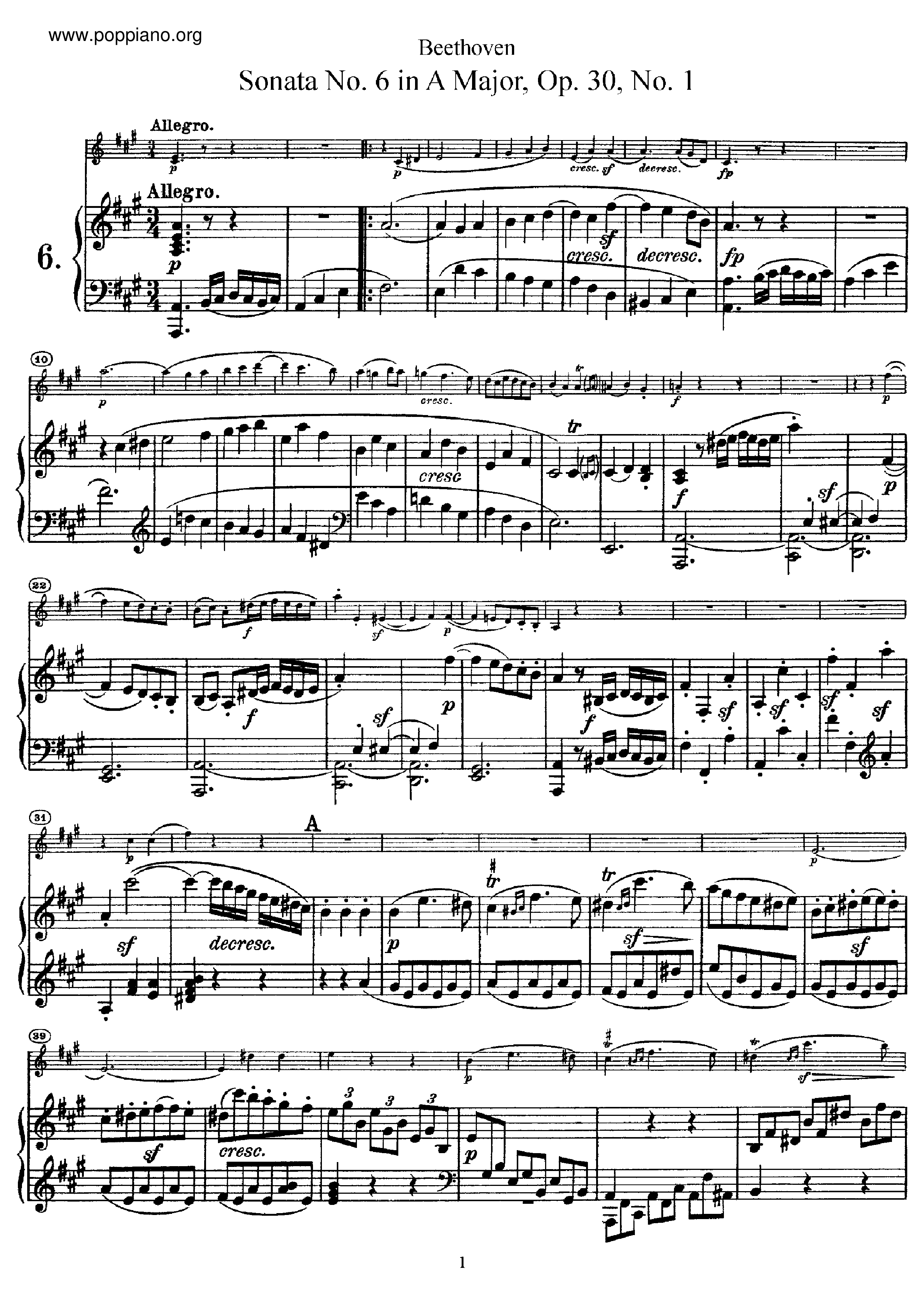 Violin Sonata No. 6 In A Minjor, Op. 30, No. 1 Score
