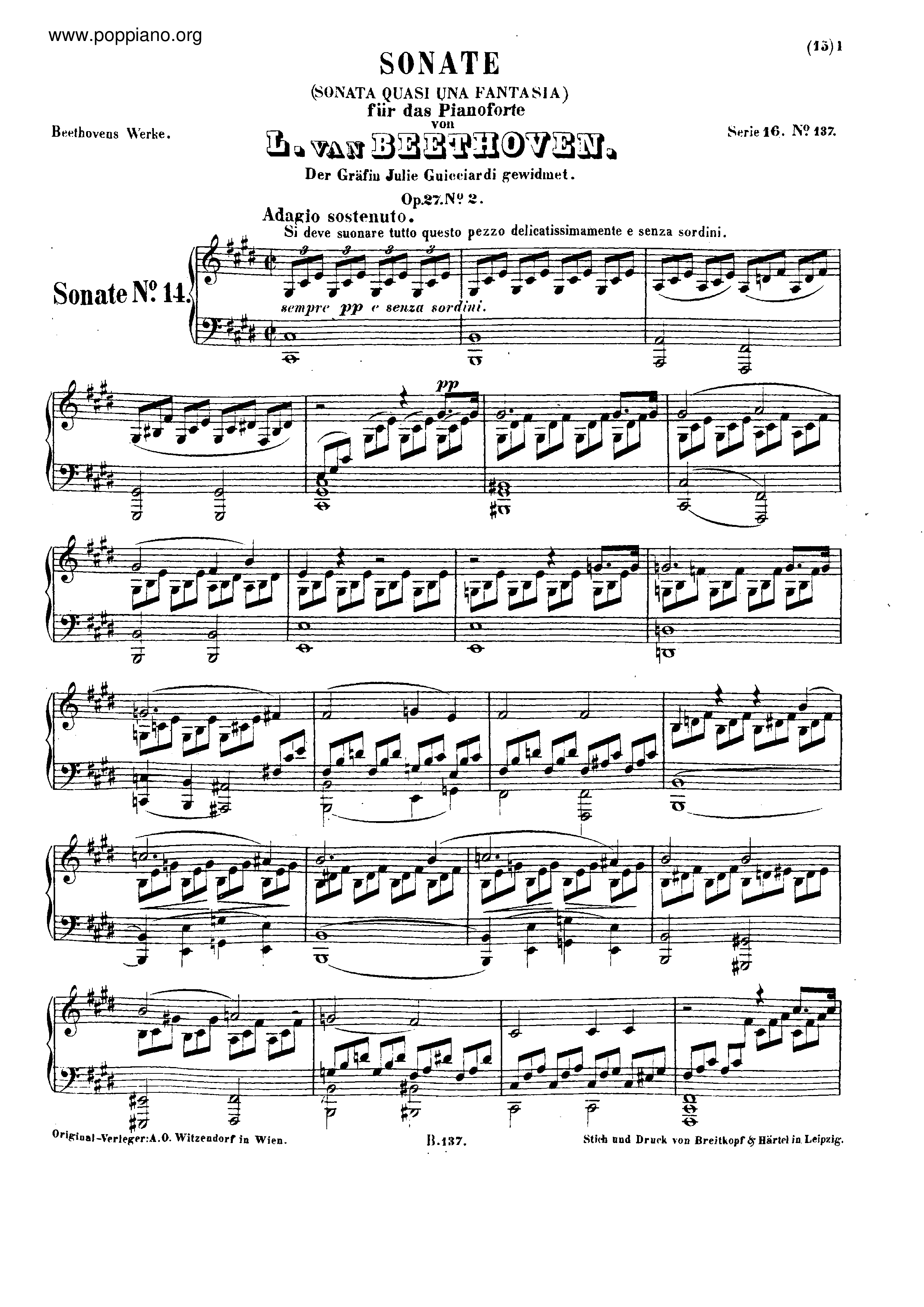Sonata No. 14 Moonlight in C-Sharp Minor, Op. 27 No. 2: I. Adagio sostenuto琴譜