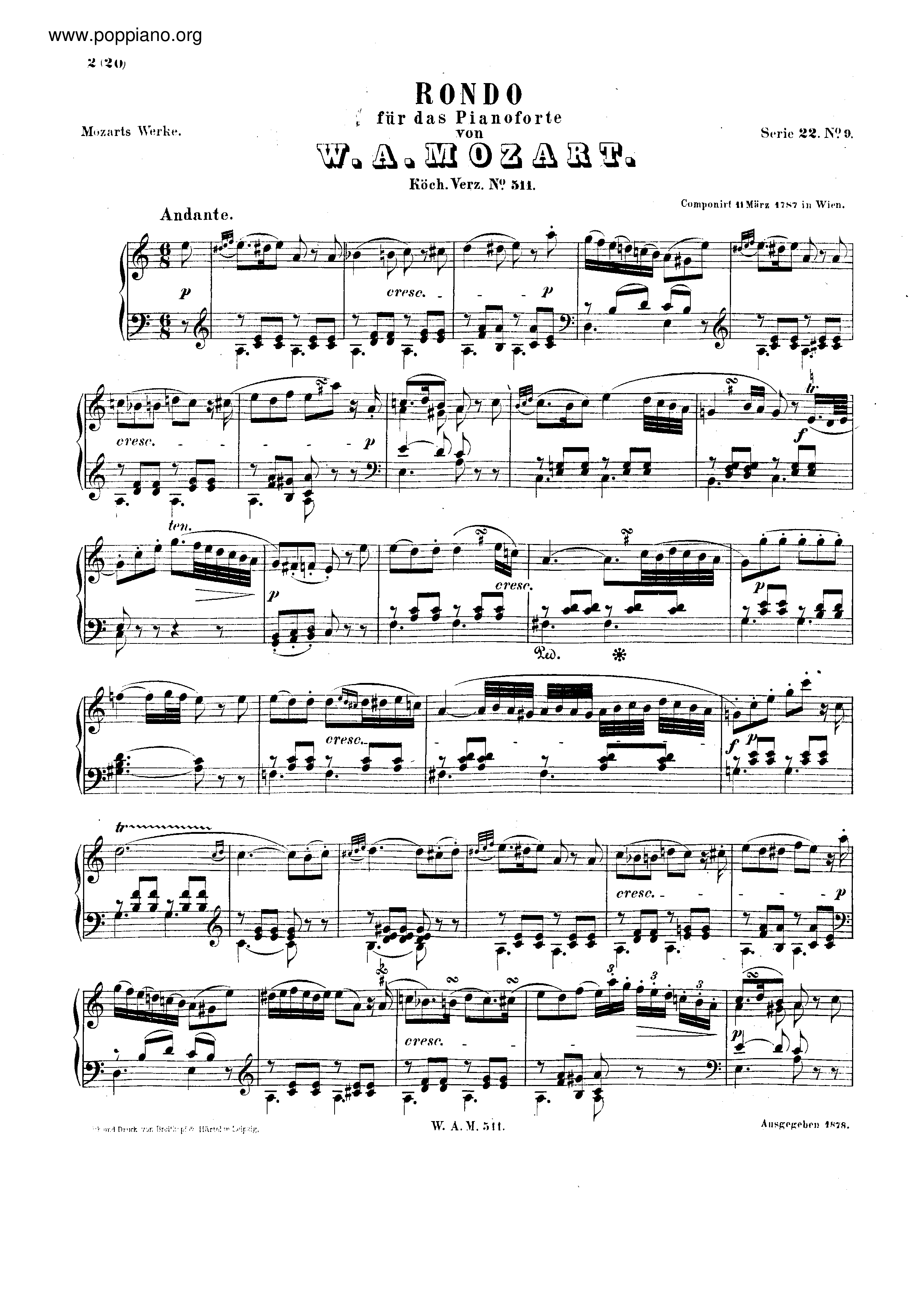 Rondo In A Minor, K. 511琴谱