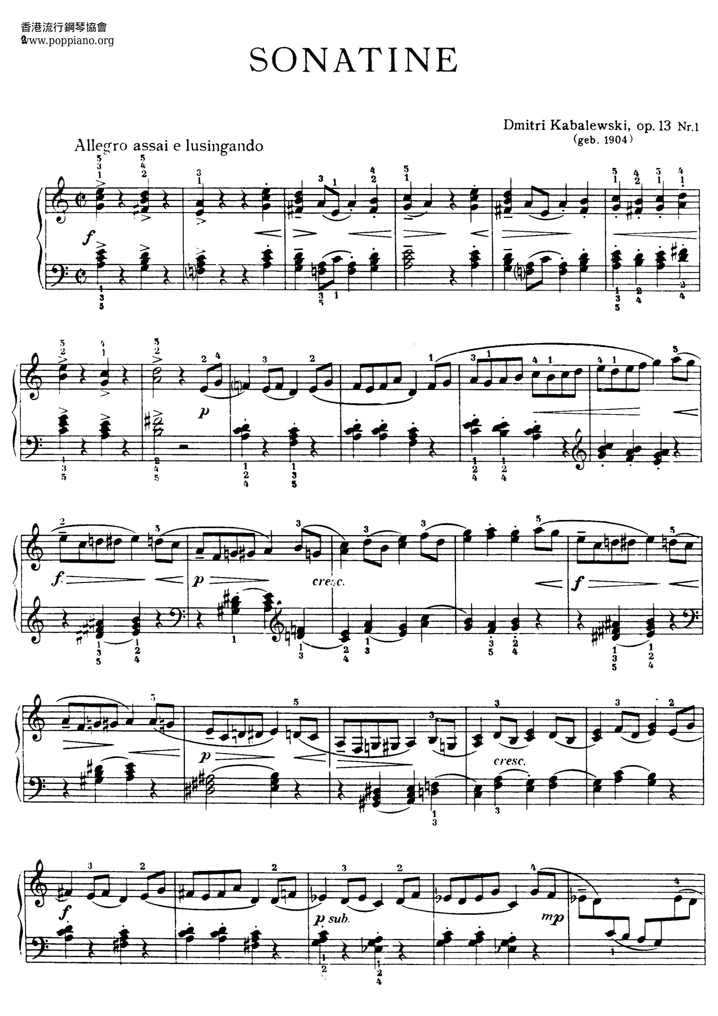 Piano Sonatina in C Major, Op. 13, No. 1: III. Prestoピアノ譜