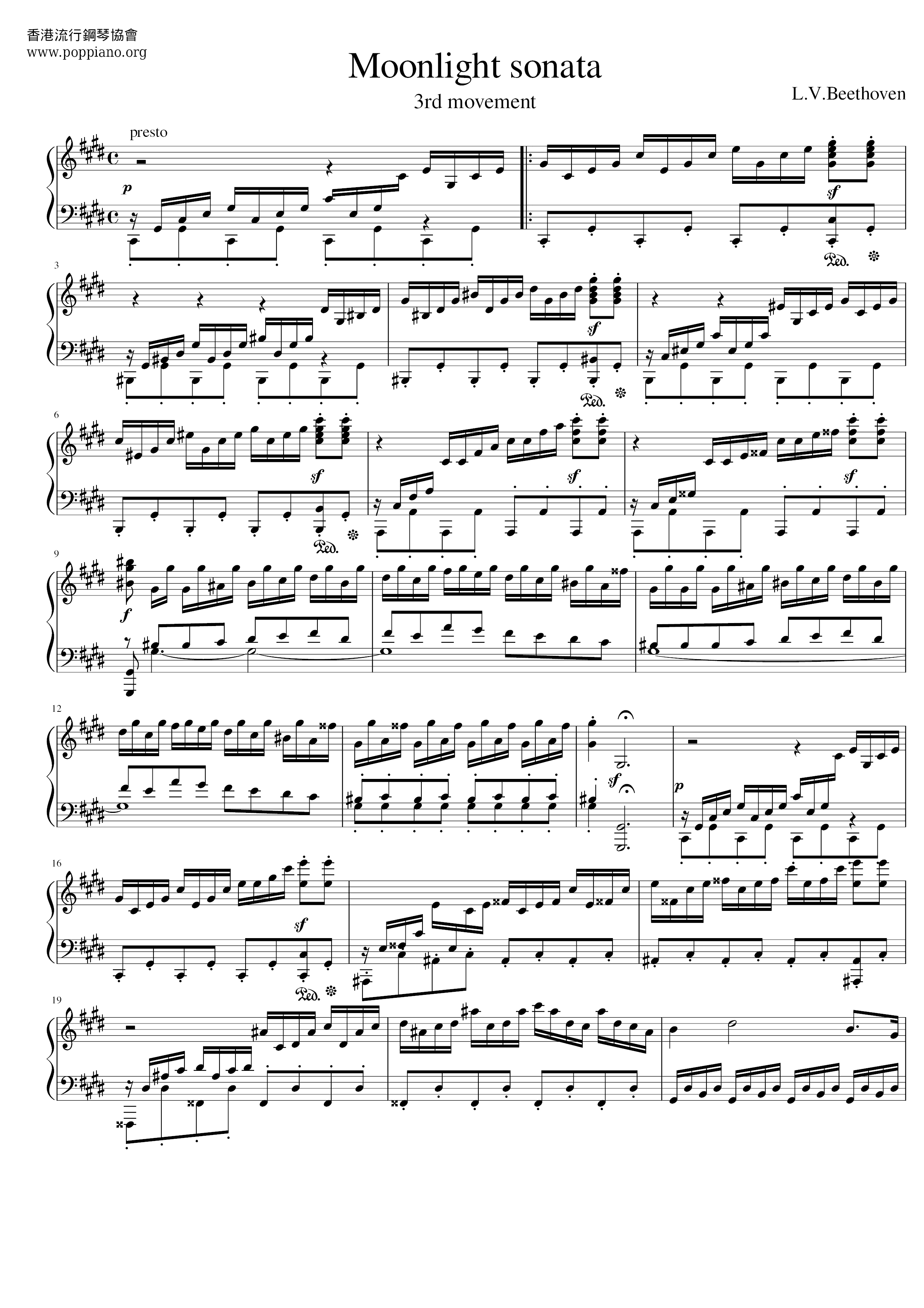 Moonlight Sonata Op. 27 No. 2 Mov 3 (月光奏鳴曲)琴譜