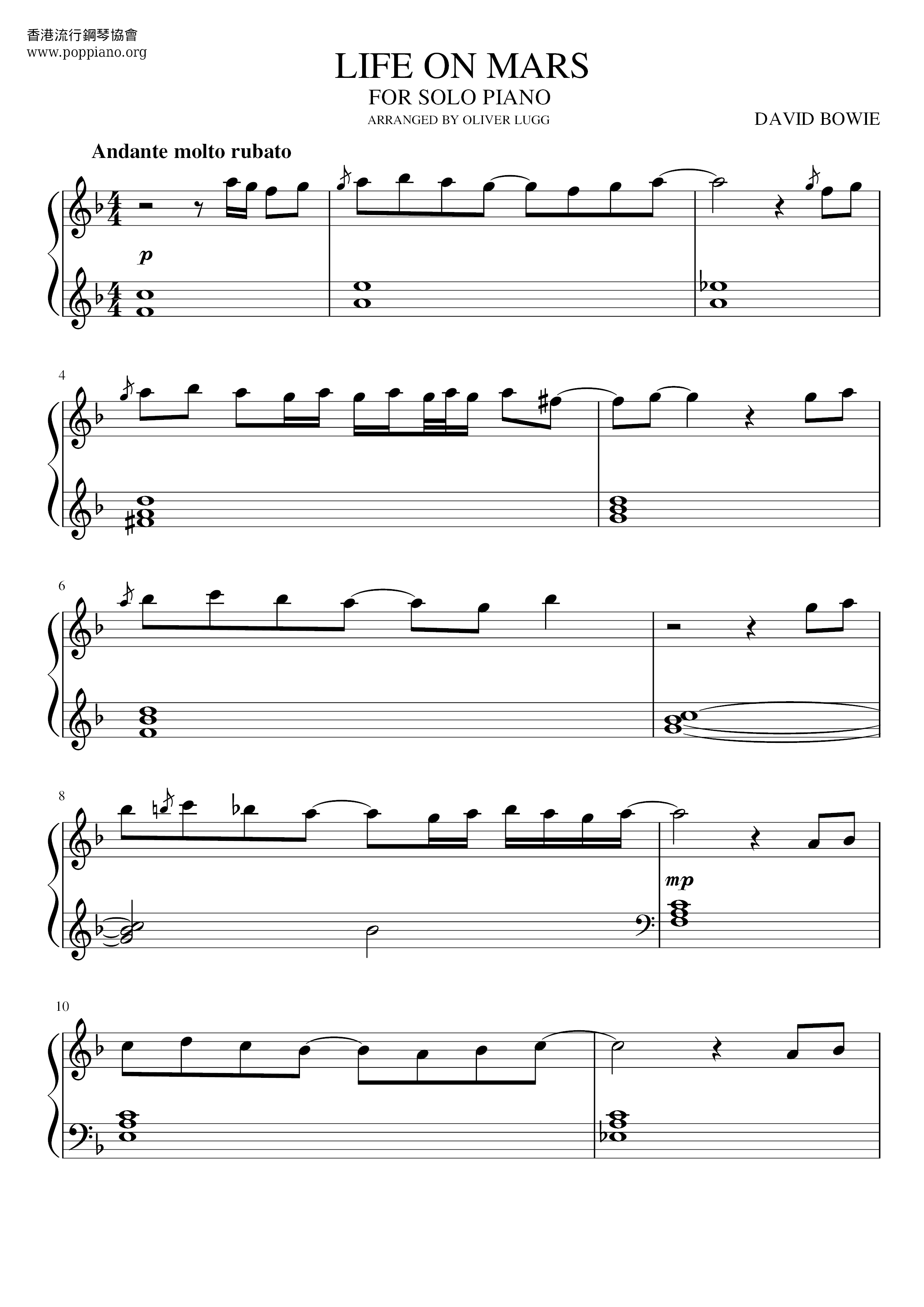 David bowie life on mars sheet music pdf free score download 