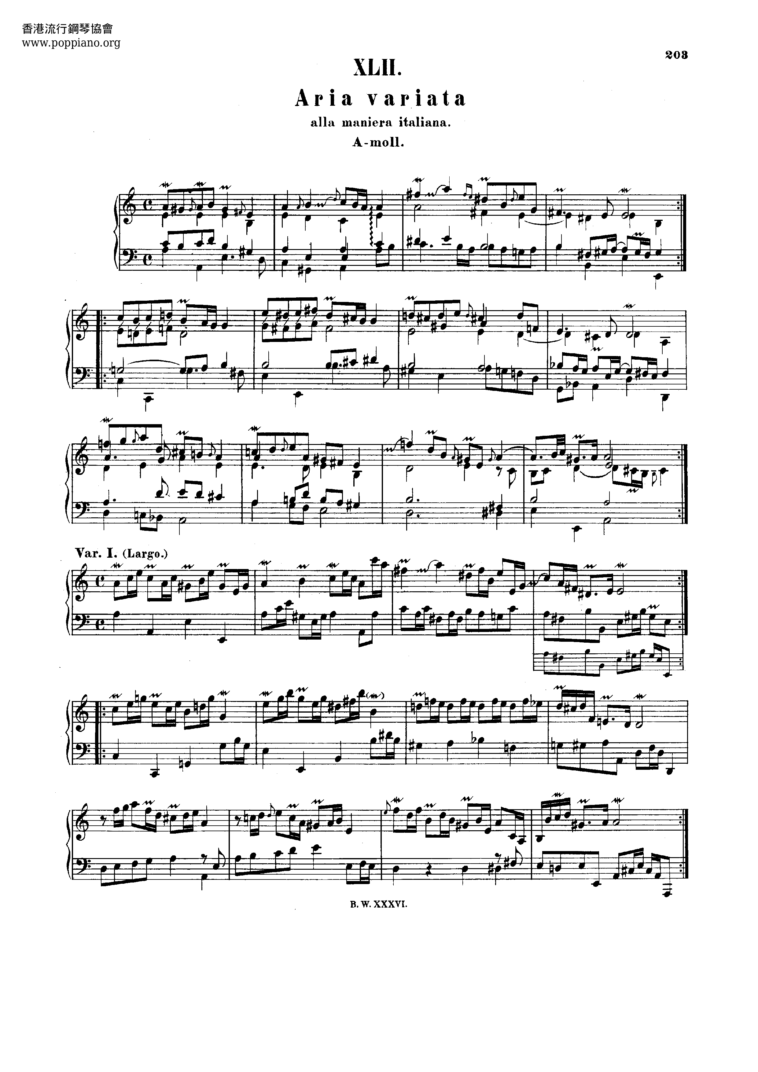 Aria Variata in A minor, BWV 989琴譜