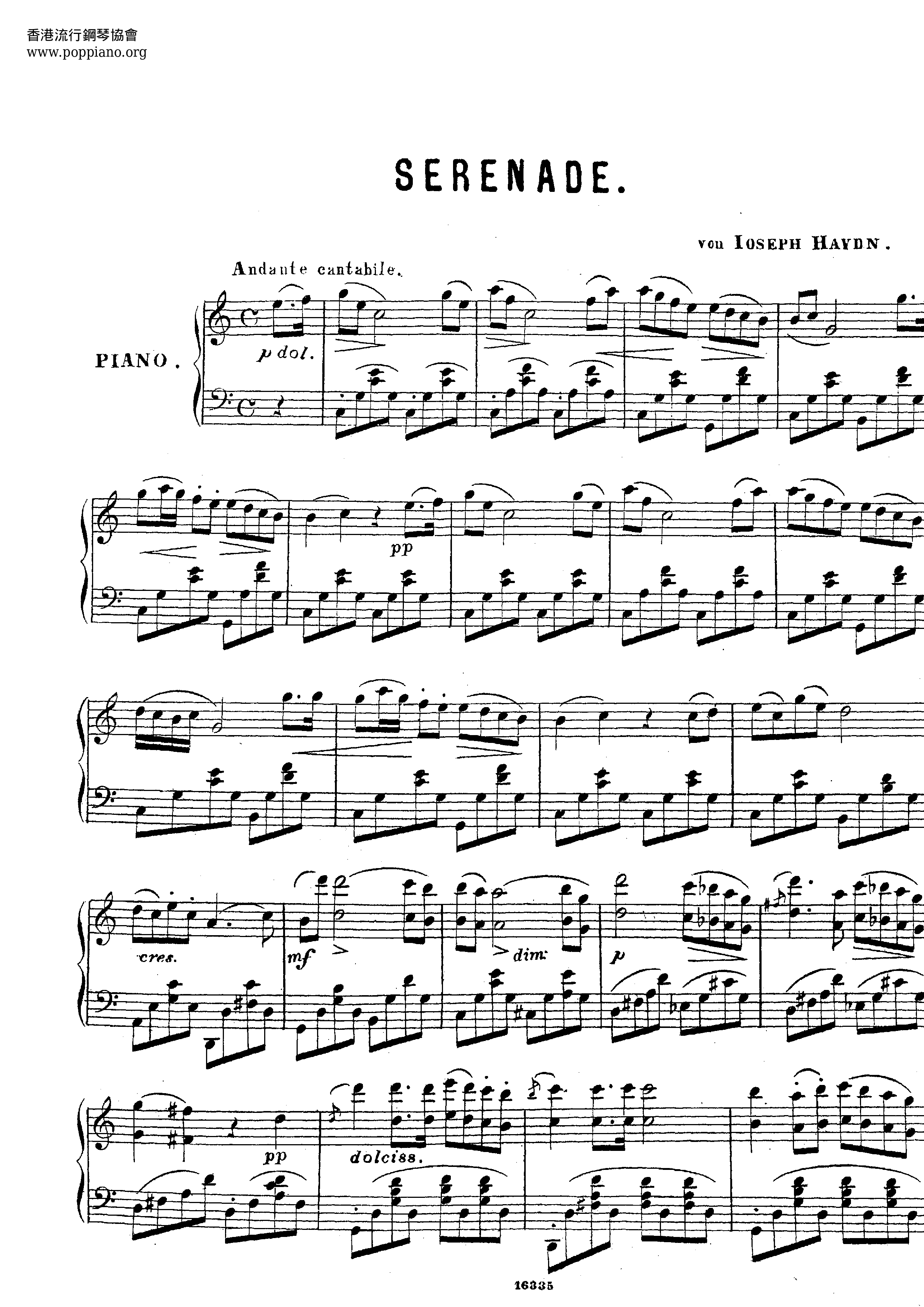 Serenade From String Quartet Op.3 No.5琴谱