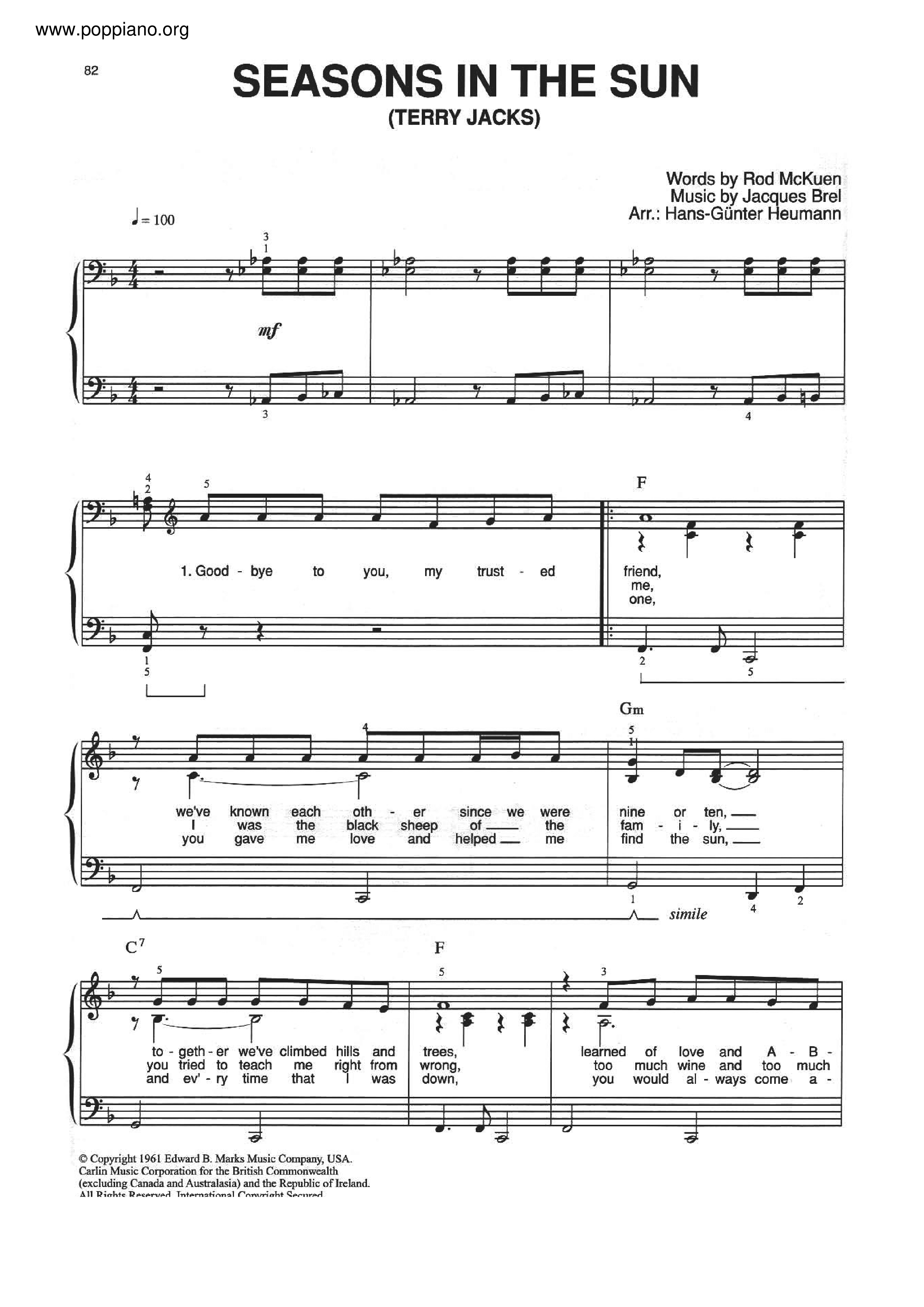 Seasons In The Sun Score