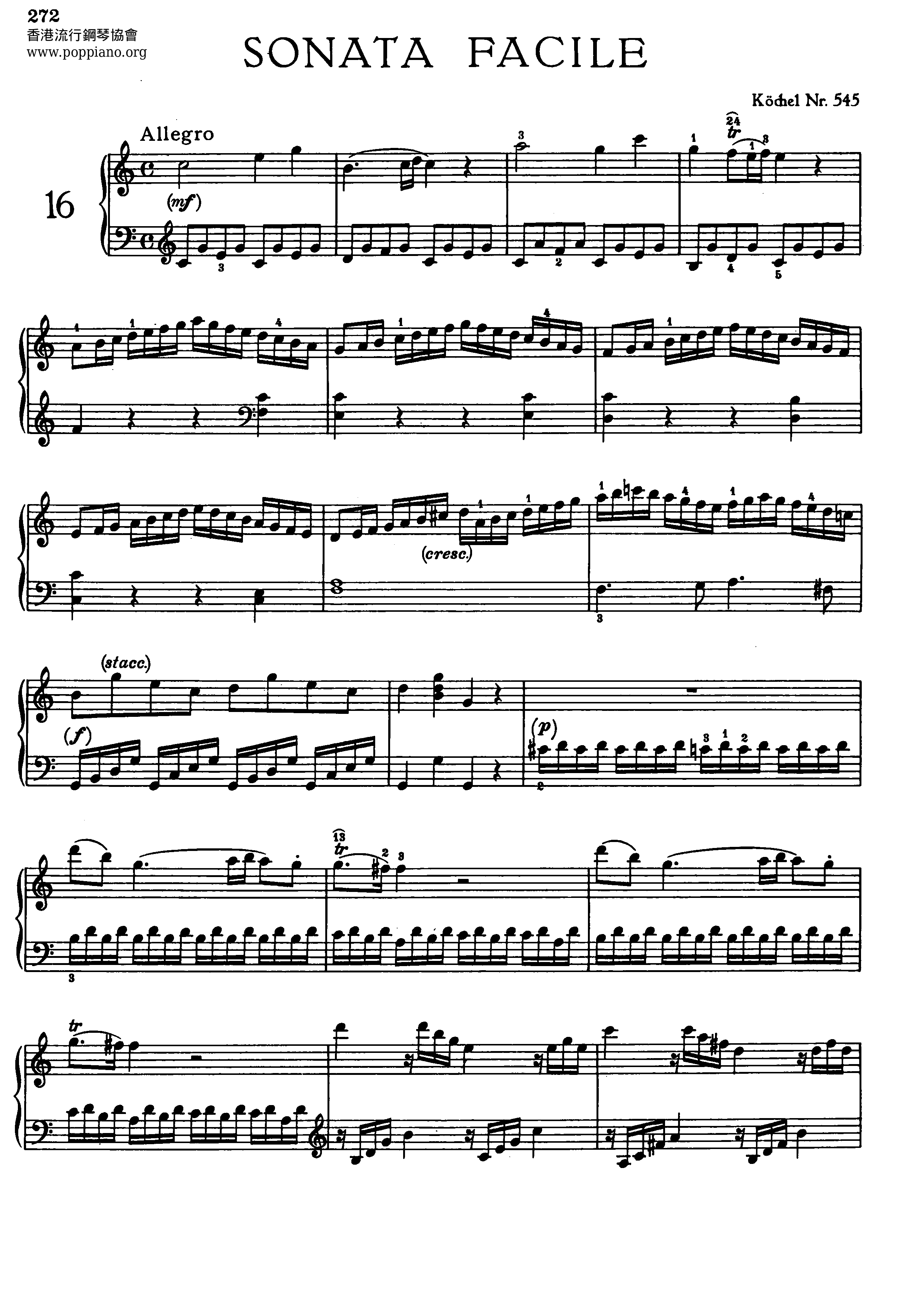 Piano Sonata No. 16 K. 545 1st Movt Score