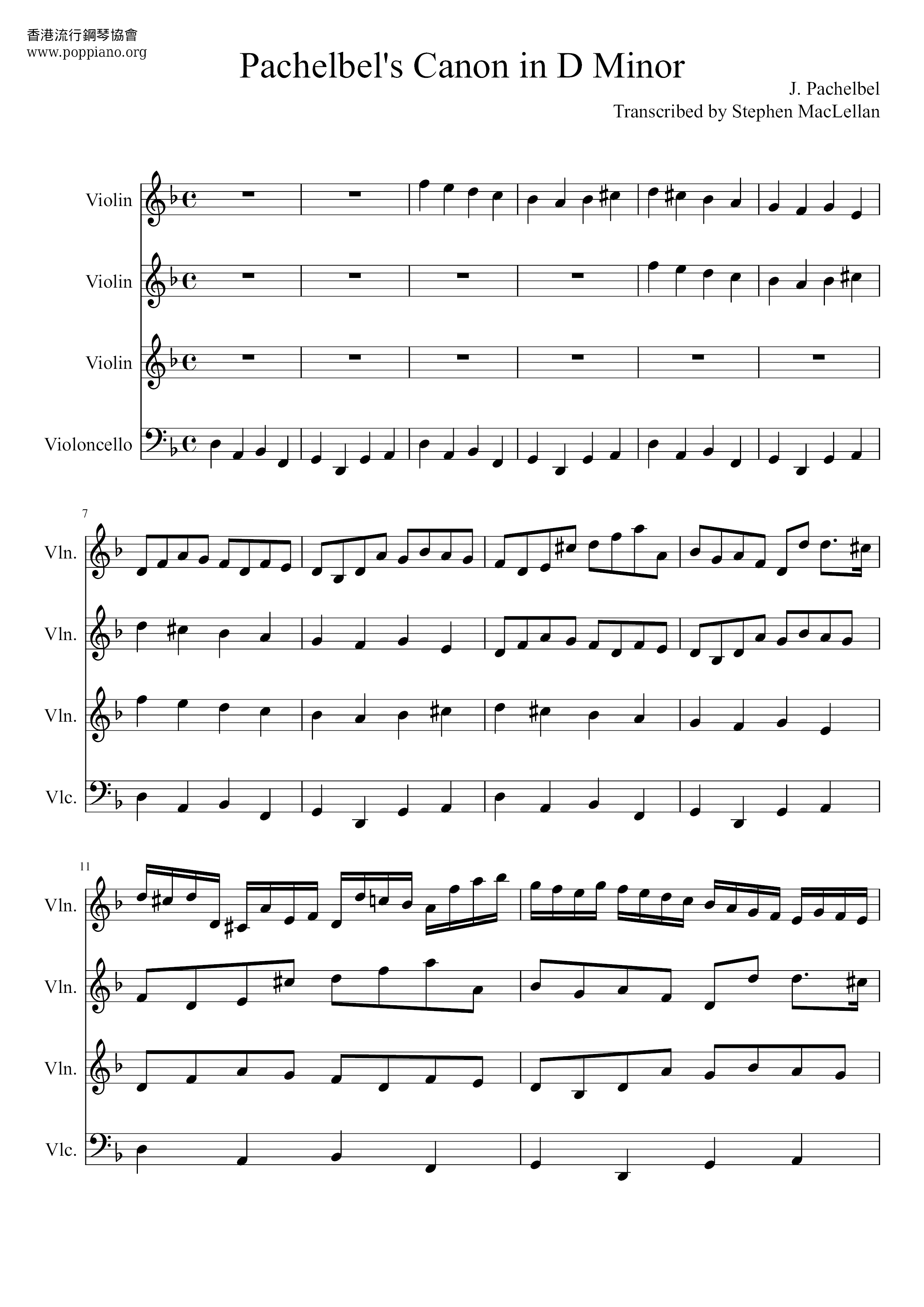 Canon In D Minor Score