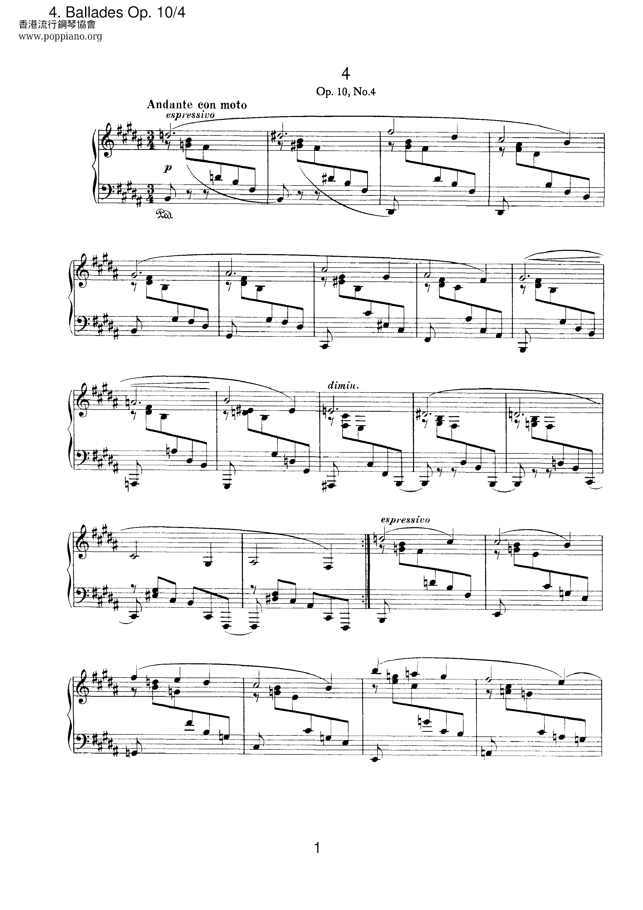 Ballades Op.10 No.4 Score