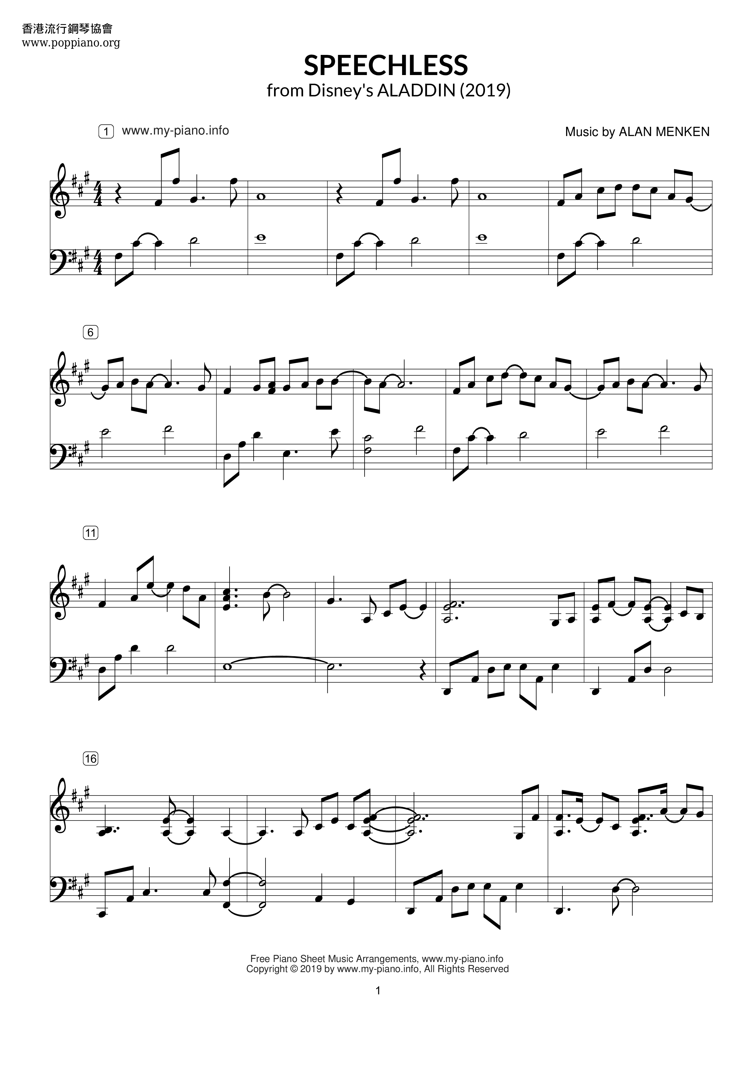 Aladdin - Speechless琴谱