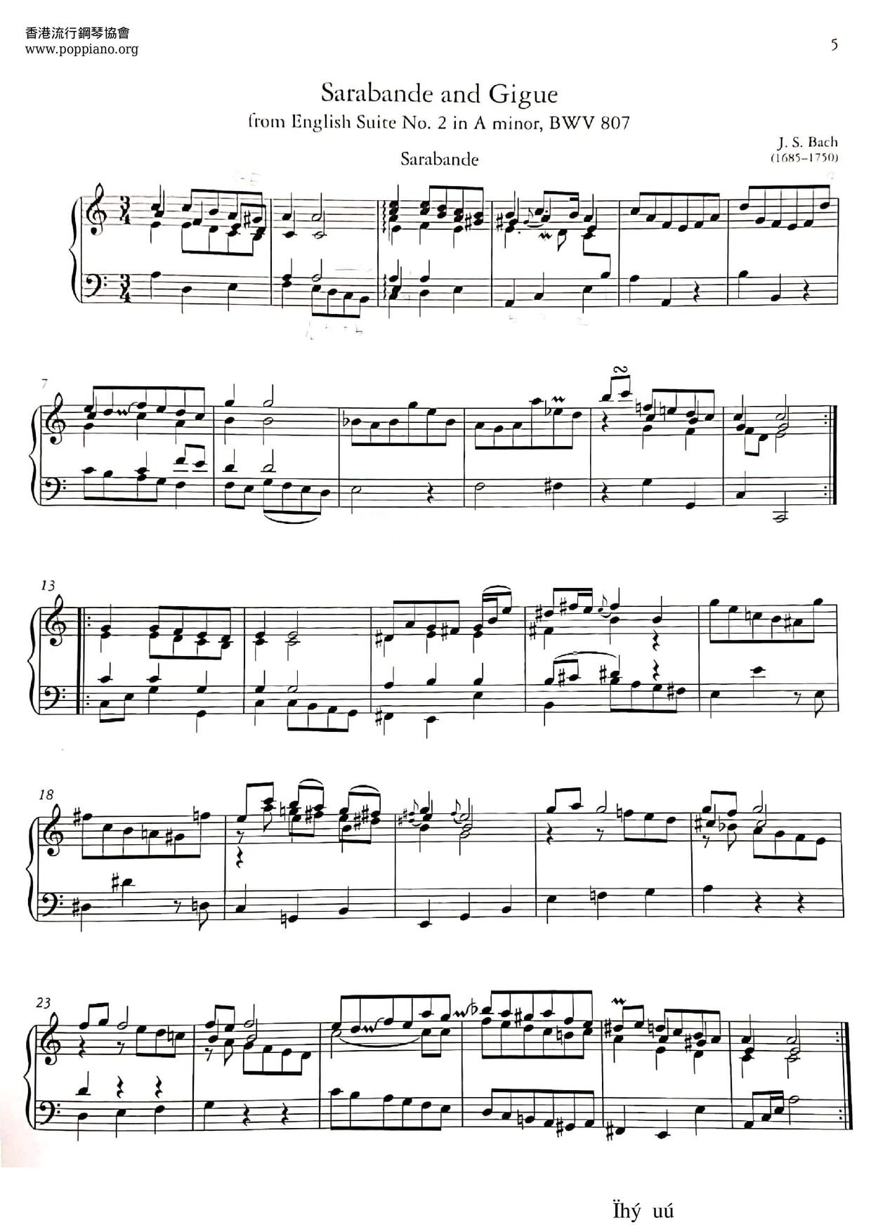 English Suite No.2 in A minor, BWV 807琴譜