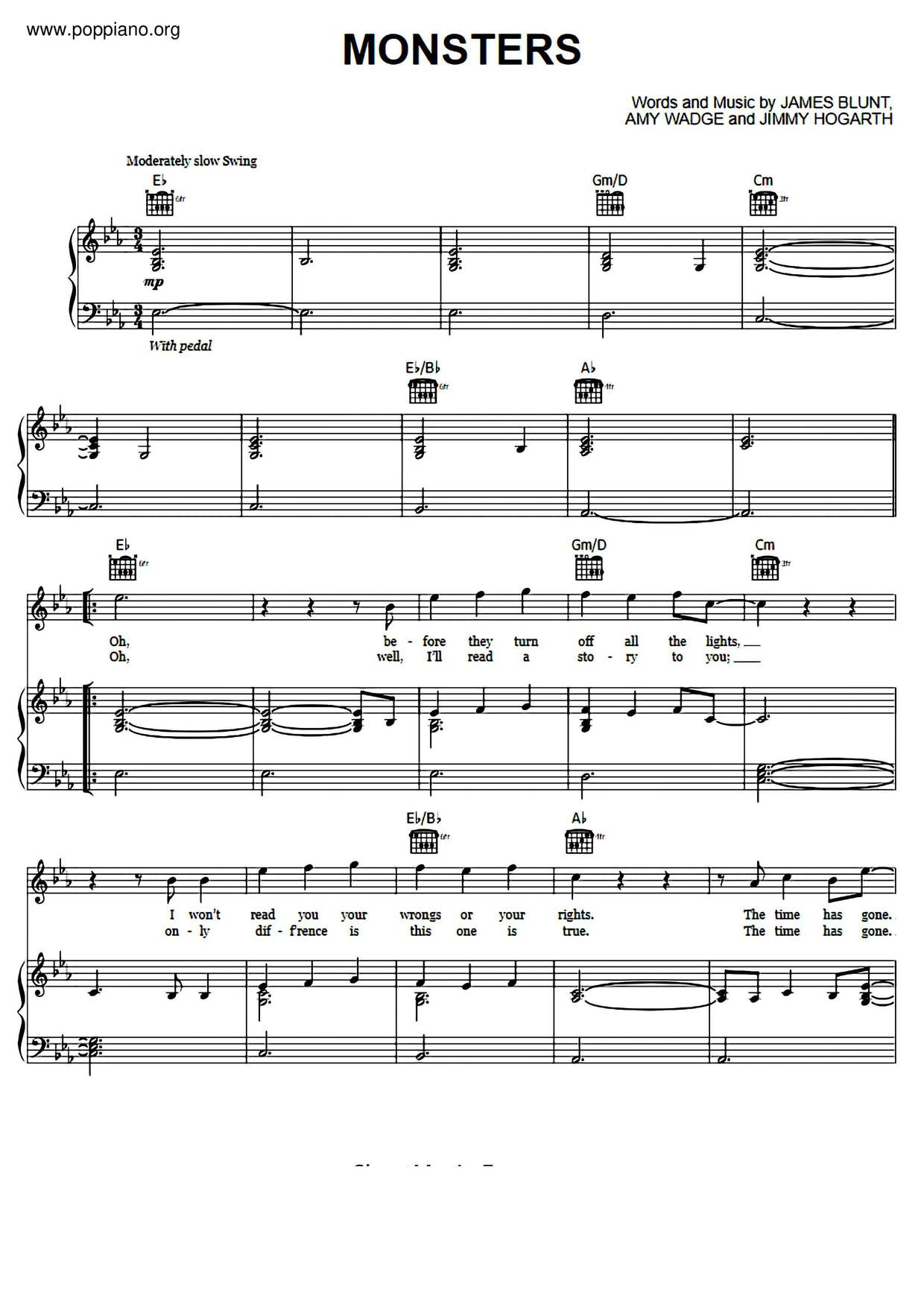 James Blunt Monsters Sheet Music in Eb Major (transposable) - Download &  Print - SKU: MN0207798