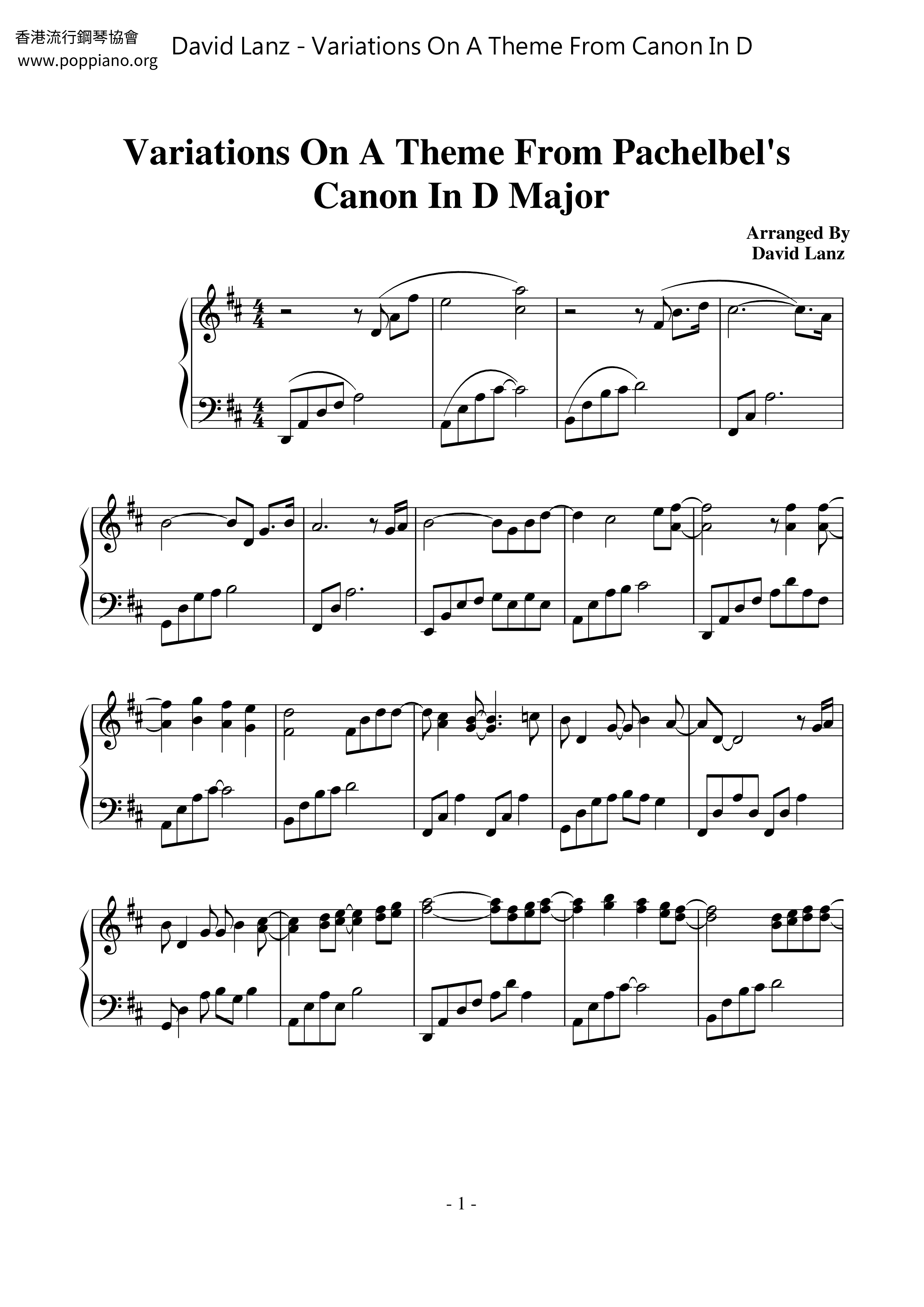 Variations On A Theme From Canon In D Score