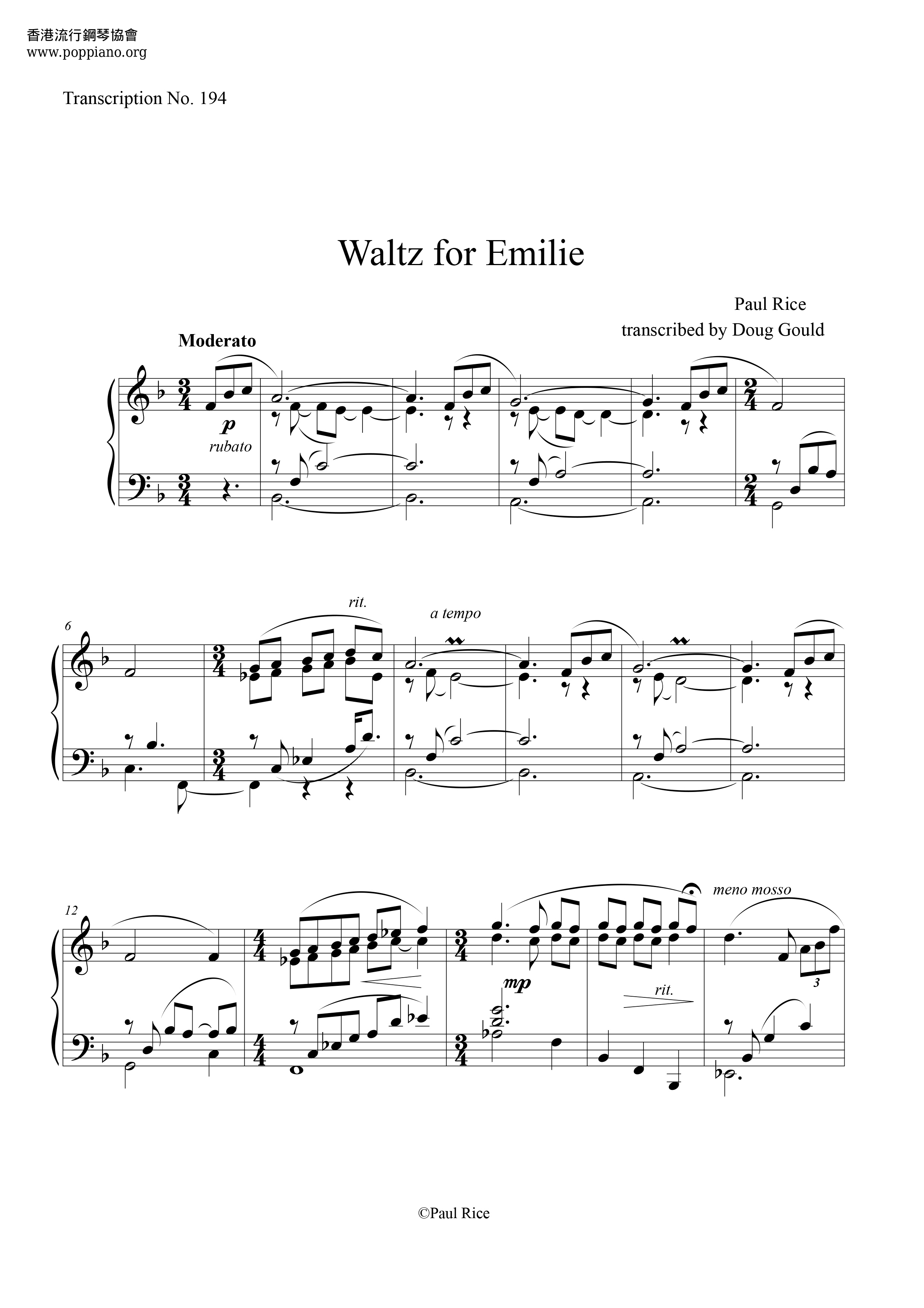 Waltz For Emilie Score