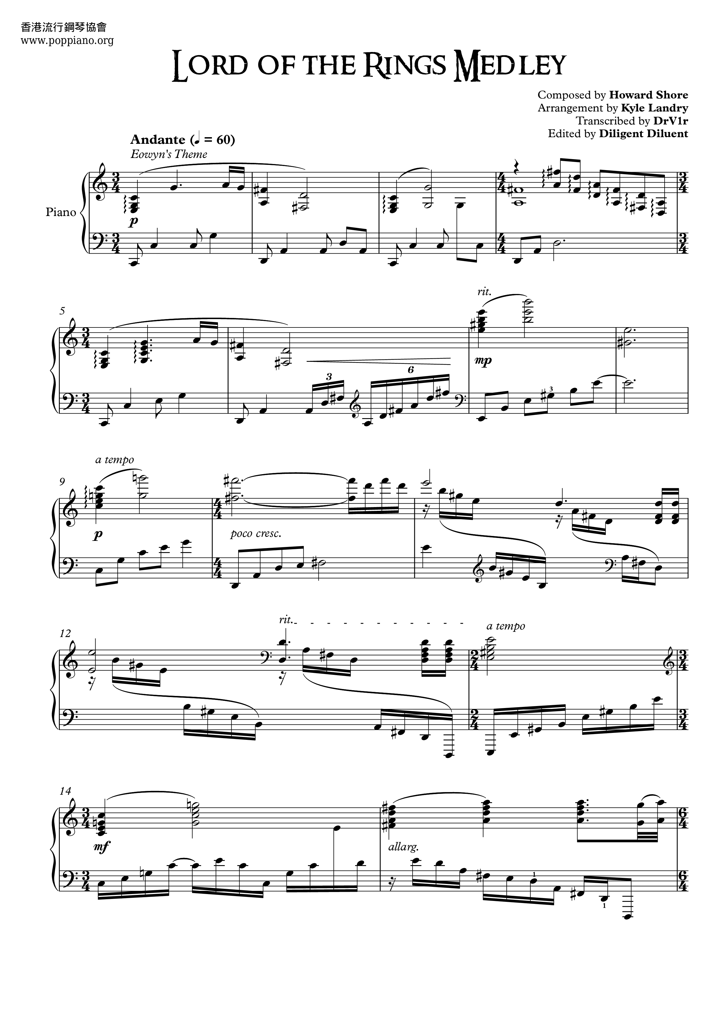 The Lord Of The Rings Medley琴譜