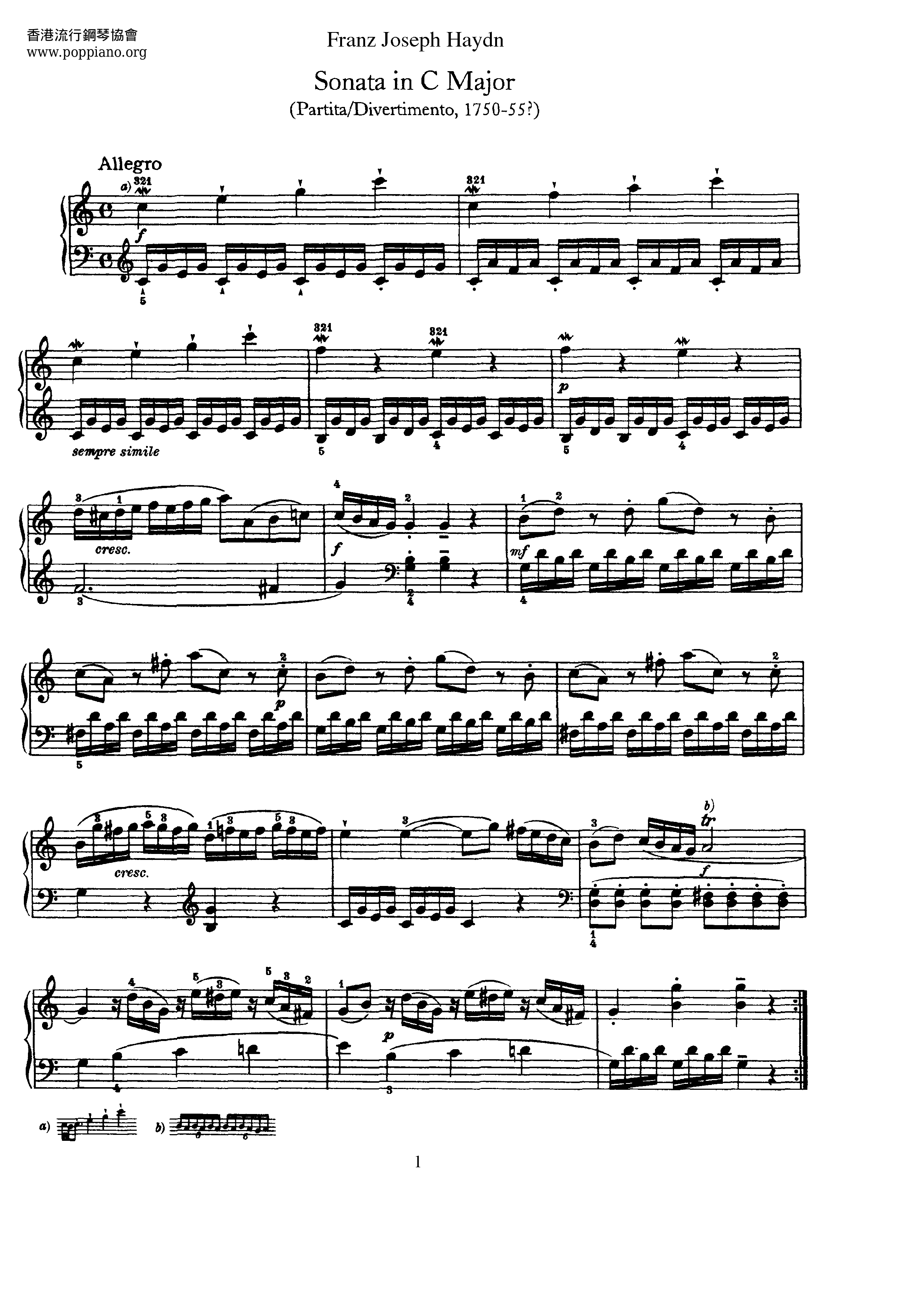 Piano Sonata In C Major, Hob. XVI:1琴譜