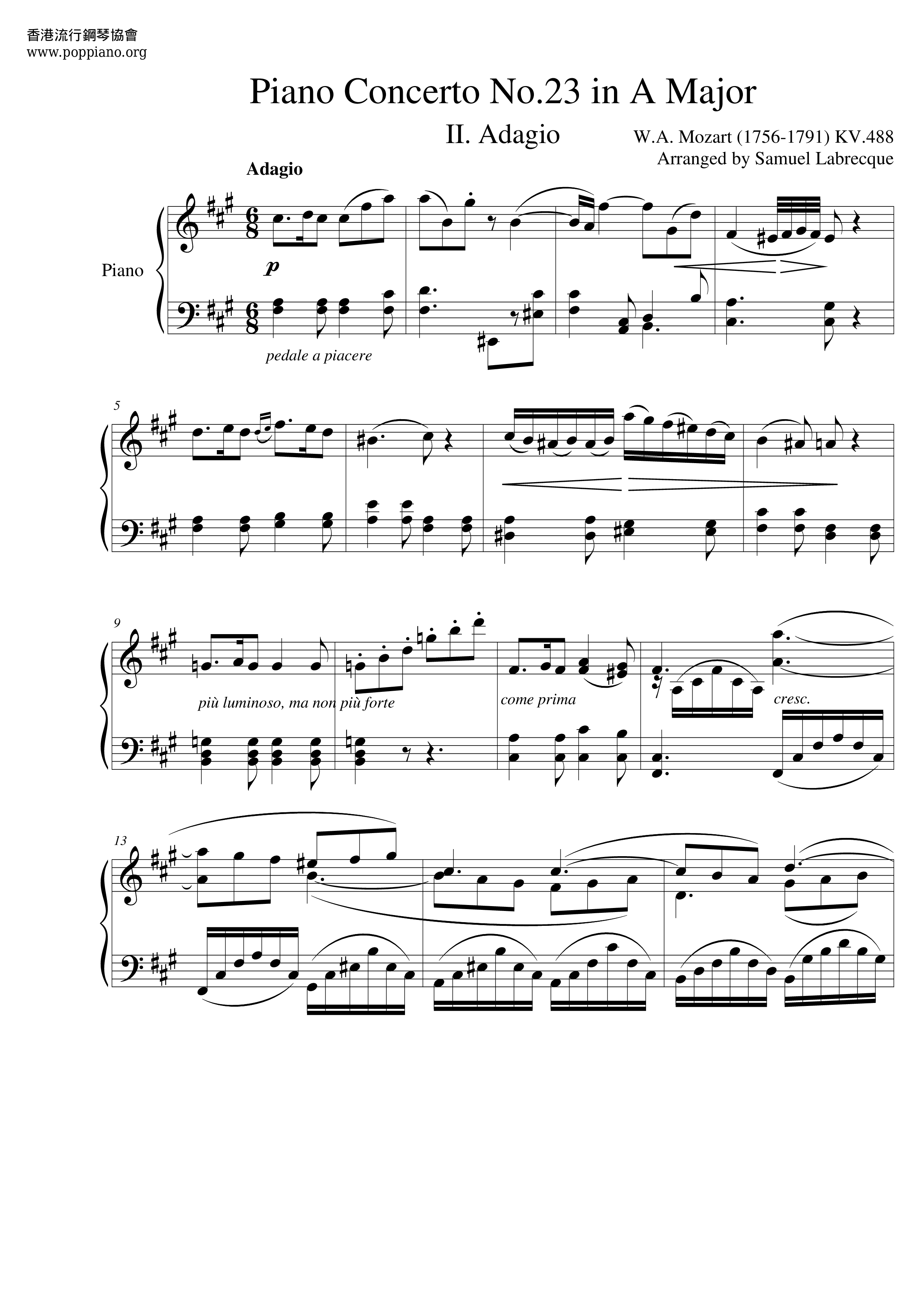 Piano Concerto No.23 in A, K. 488琴譜