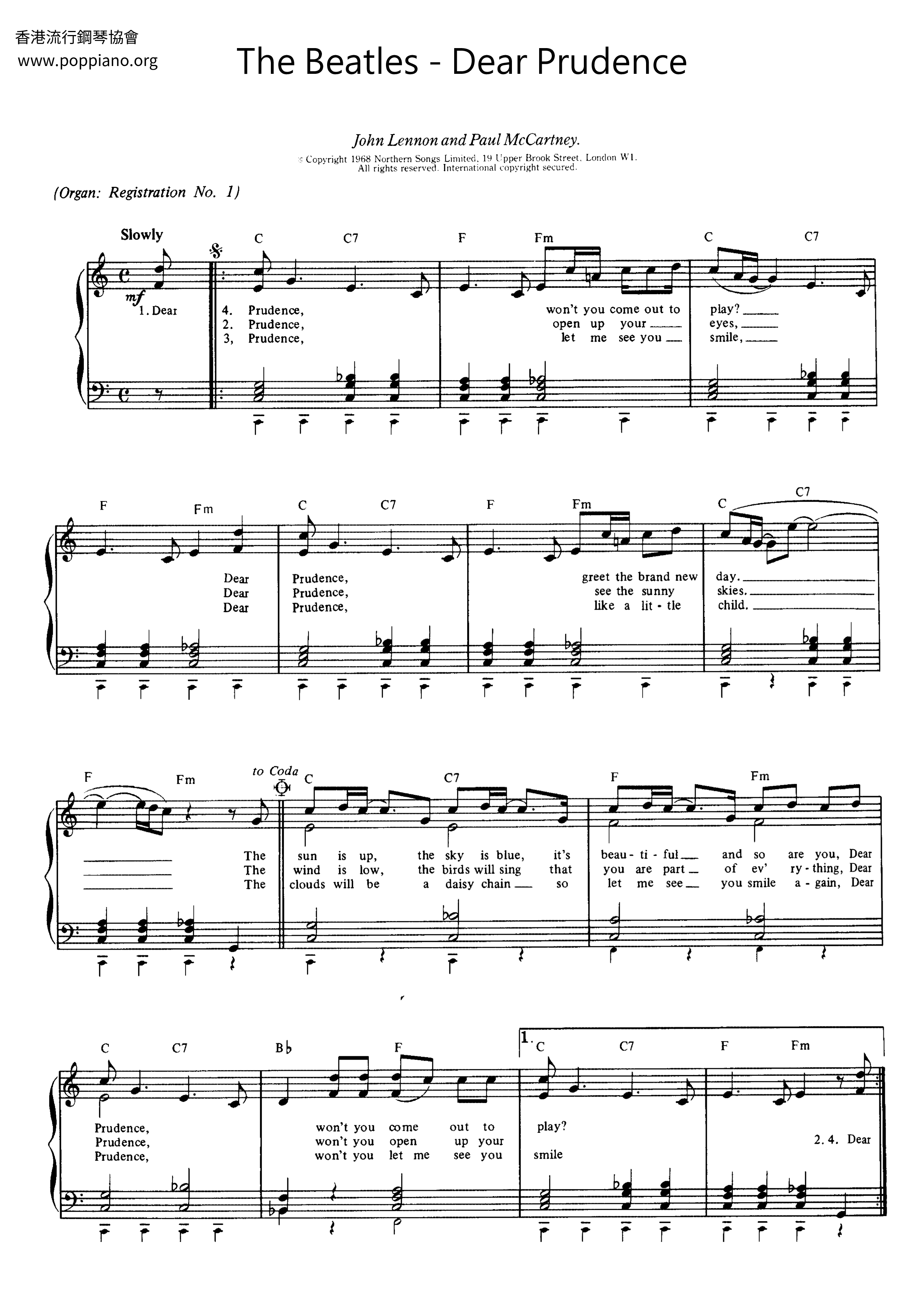 Dear Prudence琴譜