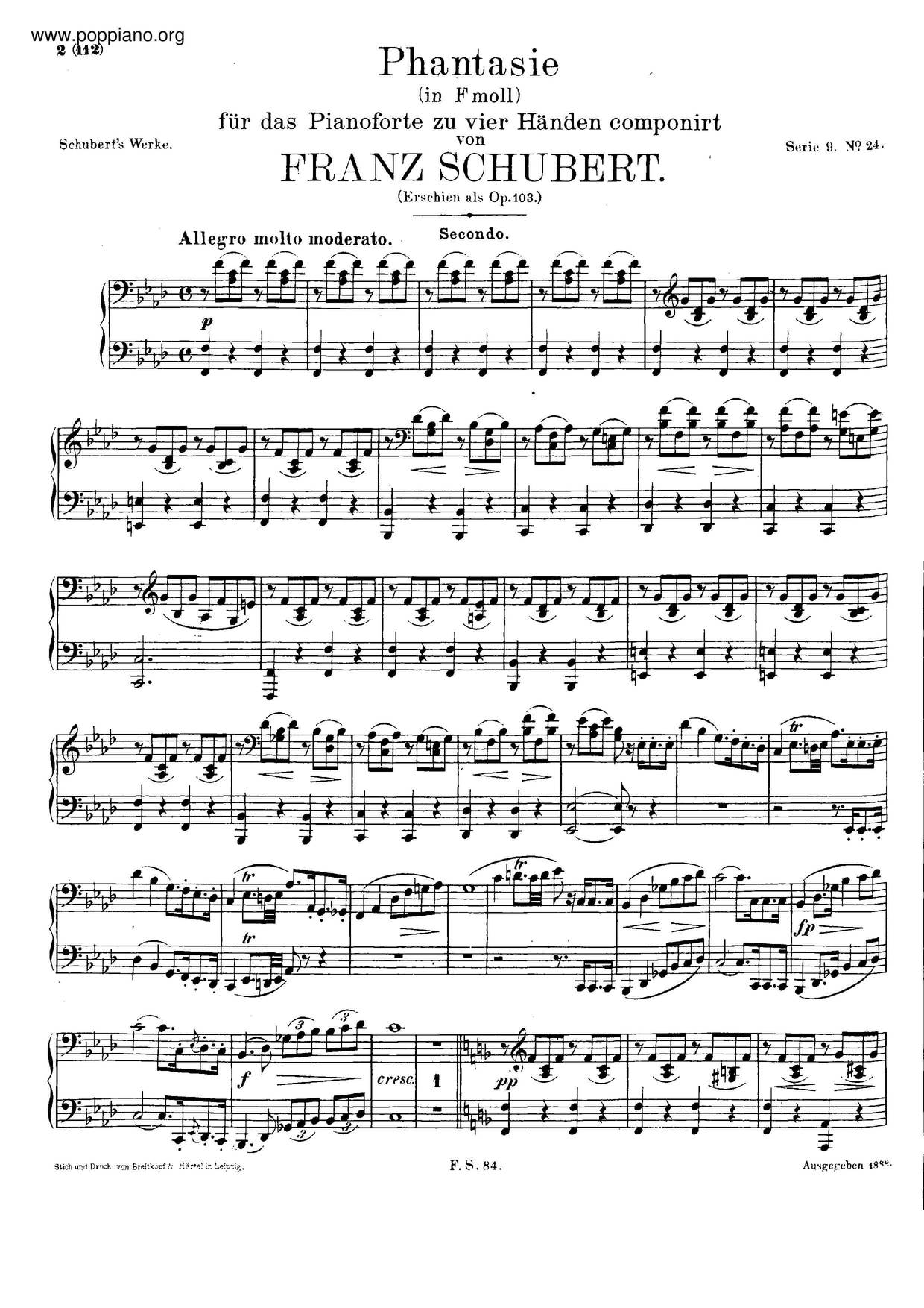 Fantasy In F Minor For Piano Duet, Op.103, D940琴譜