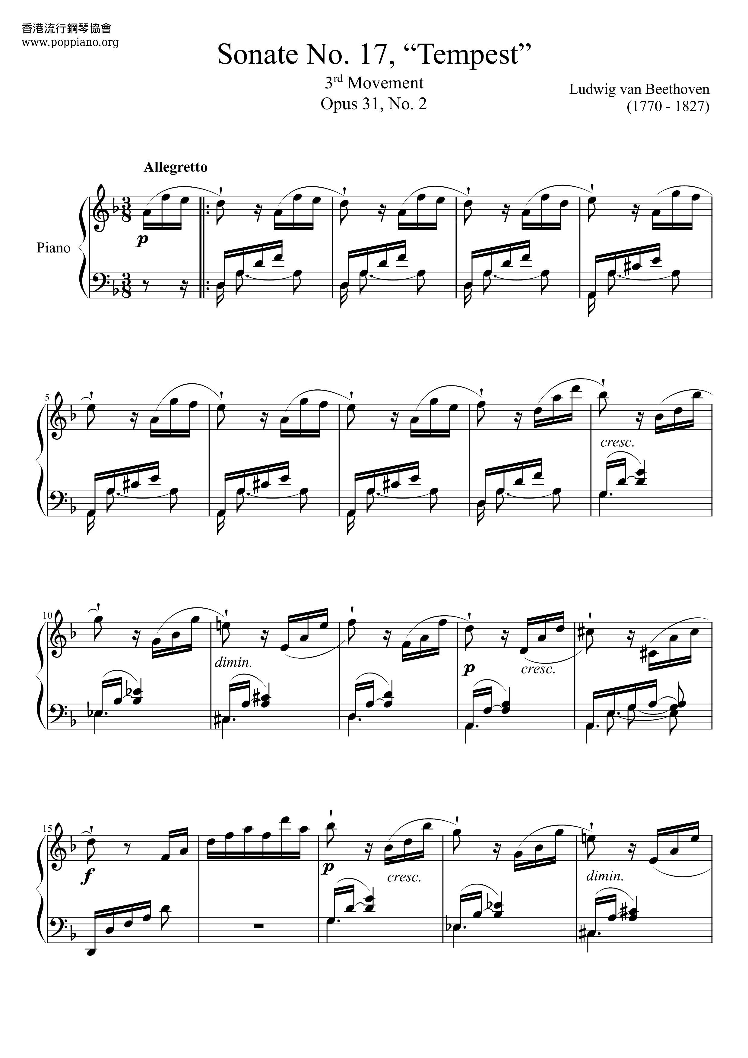 Piano Sonata No. 17 Tempest 3rd Movementピアノ譜