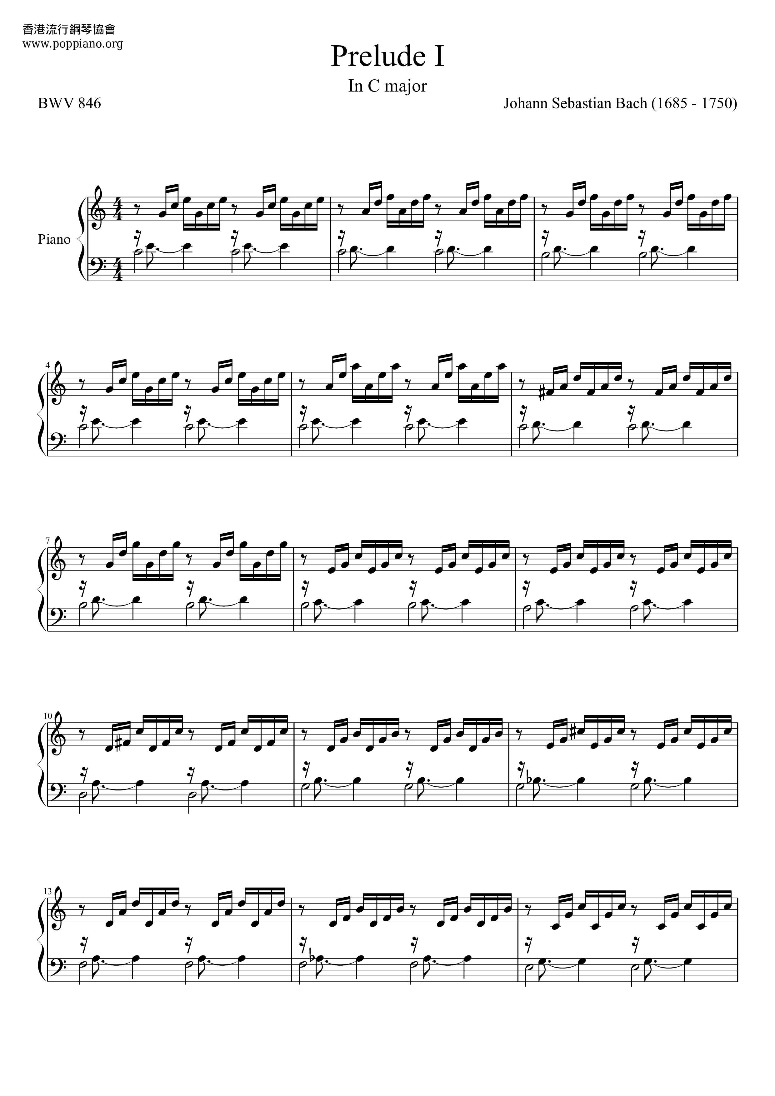 Prelude In C Major (C大調前奏曲) Score